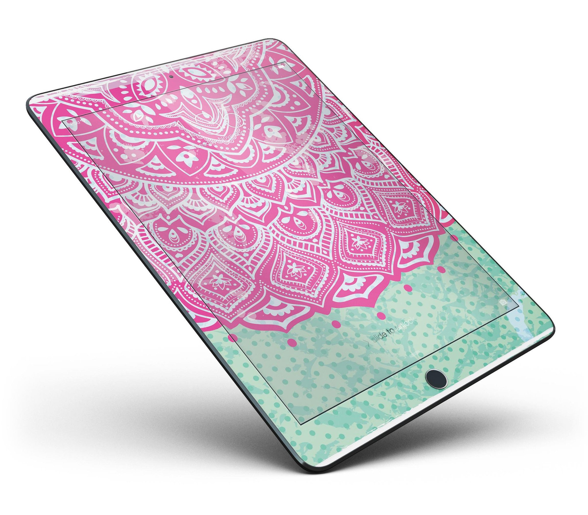 Green and Pink Tribal v3 Full Body Skin for iPad Pro, showcasing vibrant tribal patterns and a sleek design.