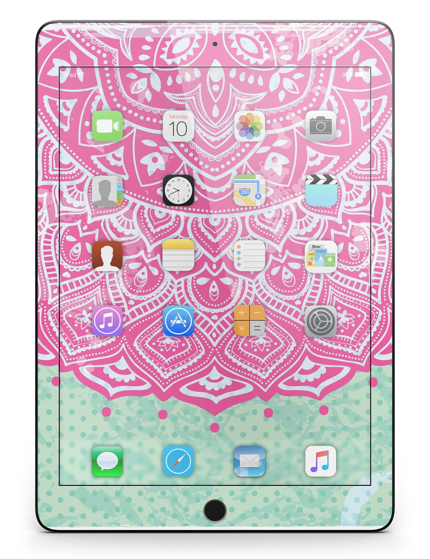 Green and Pink Tribal v3 Full Body Skin for iPad Pro, showcasing vibrant tribal patterns and a sleek design.