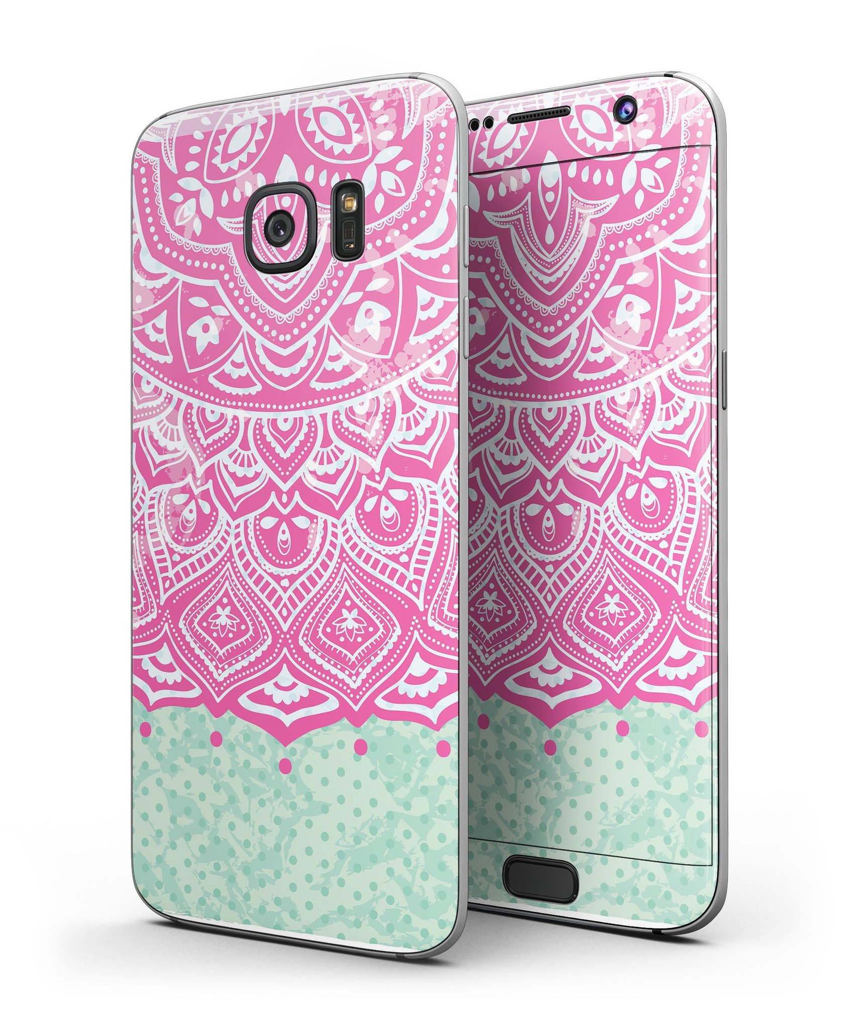 Green and Pink Tribal v3 Full Body Skin-Kit for Samsung Galaxy S7 and S7 Edge, showcasing vibrant tribal patterns and premium vinyl material.