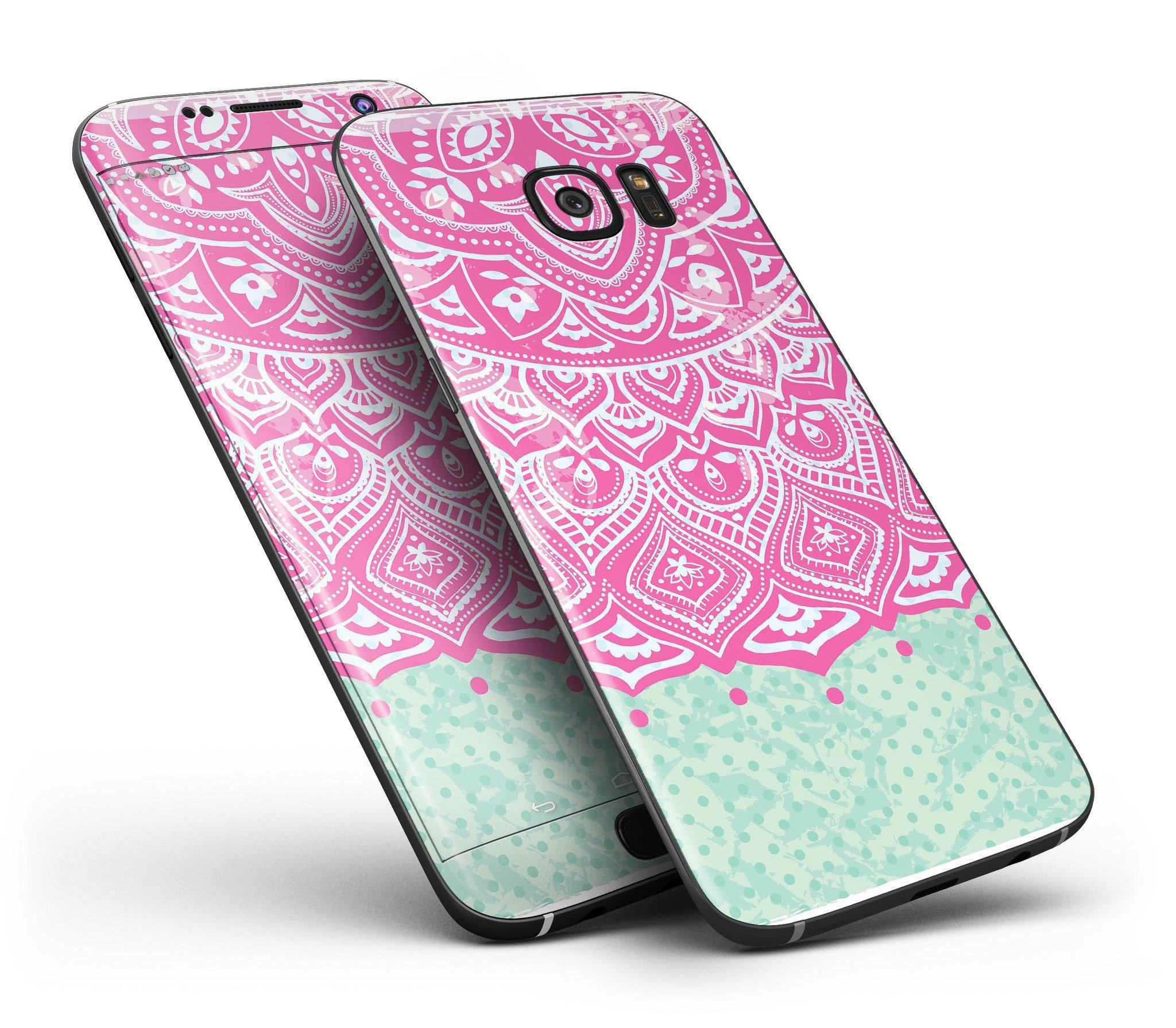 Green and Pink Tribal v3 Full Body Skin-Kit for Samsung Galaxy S7 and S7 Edge, showcasing vibrant tribal patterns and premium vinyl material.