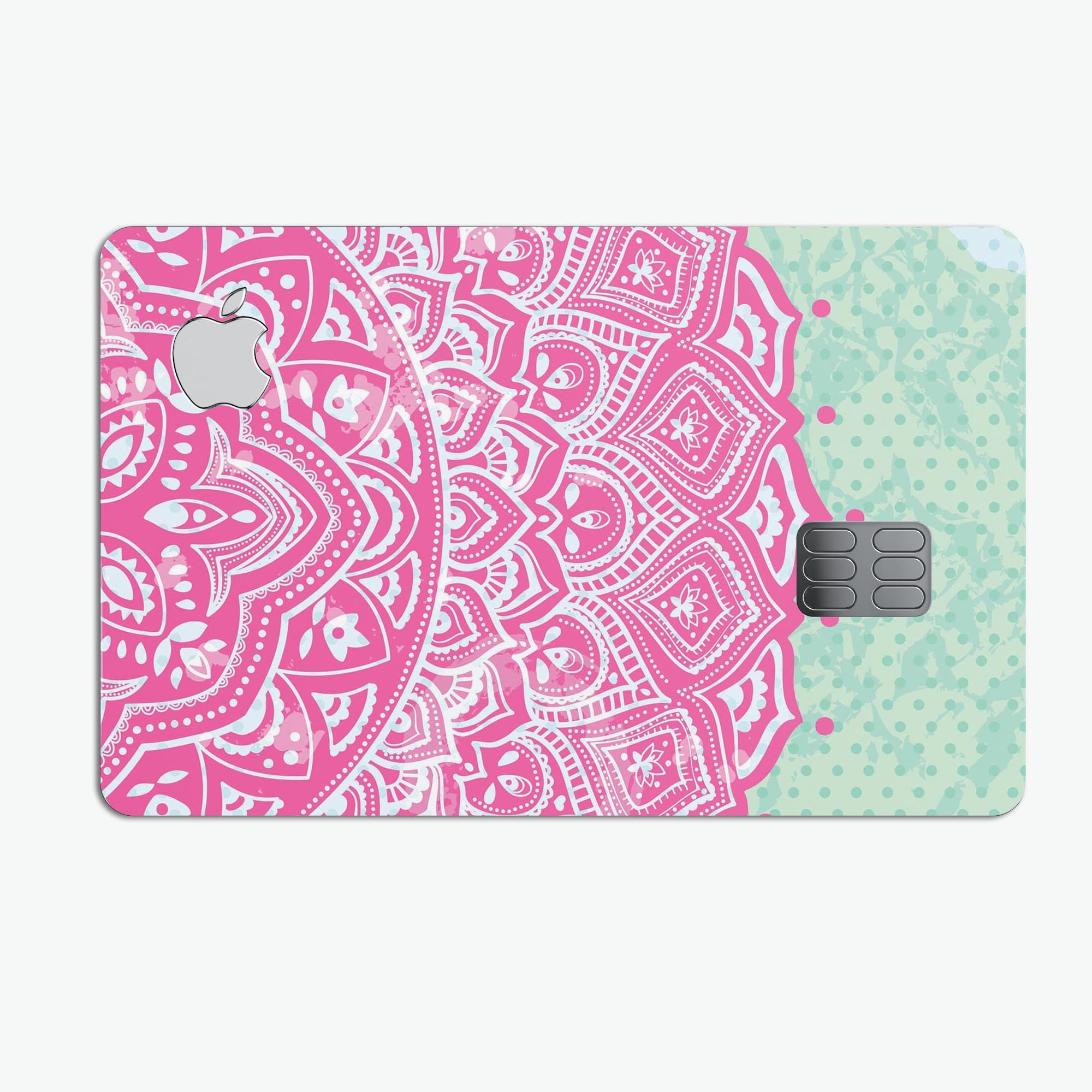 Green and Pink Tribal v3 decal skin for Apple Card, showcasing vibrant tribal design and premium vinyl material.