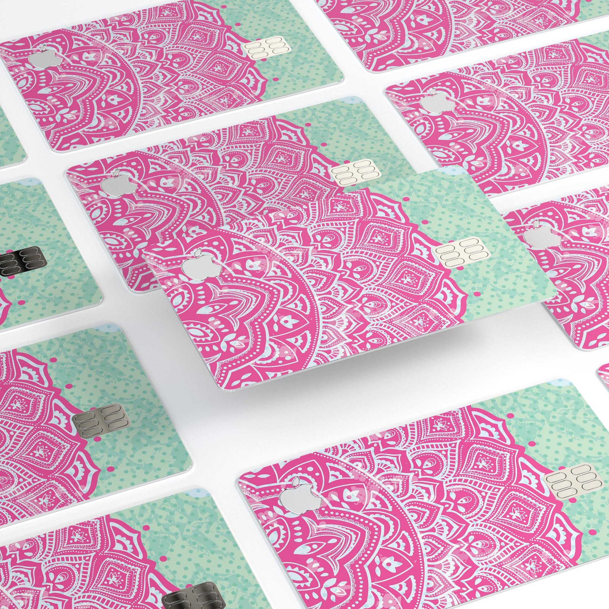 Green and Pink Tribal v3 decal skin for Apple Card, showcasing vibrant tribal design and premium vinyl material.