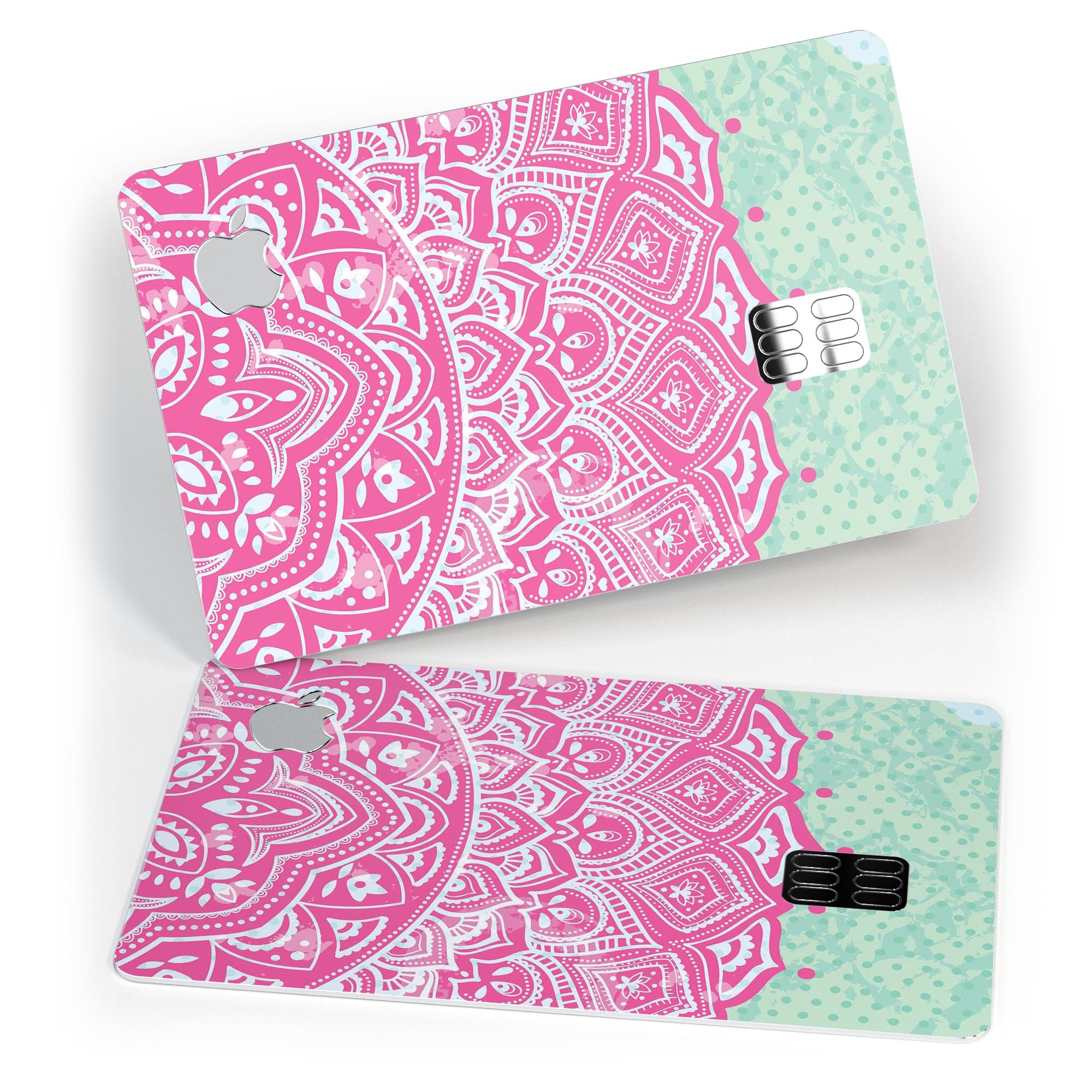 Green and Pink Tribal v3 decal skin for Apple Card, showcasing vibrant tribal design and premium vinyl material.