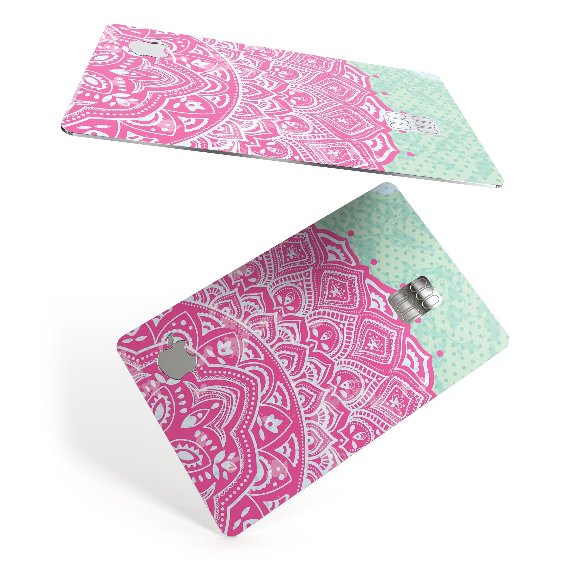 Green and Pink Tribal v3 decal skin for Apple Card, showcasing vibrant tribal design and premium vinyl material.