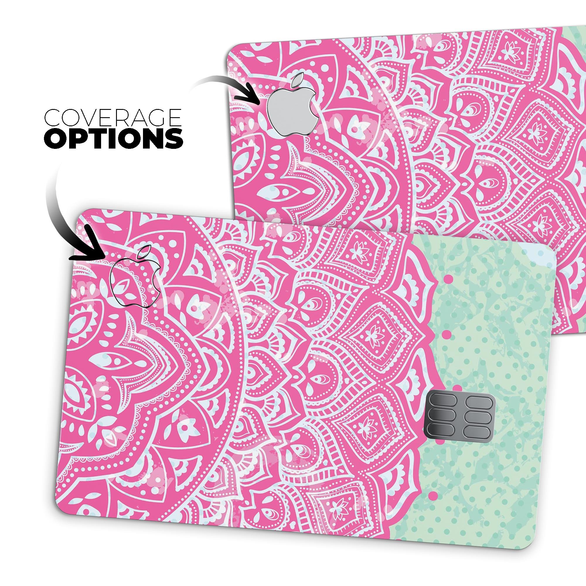 Green and Pink Tribal v3 decal skin for Apple Card, showcasing vibrant tribal design and premium vinyl material.