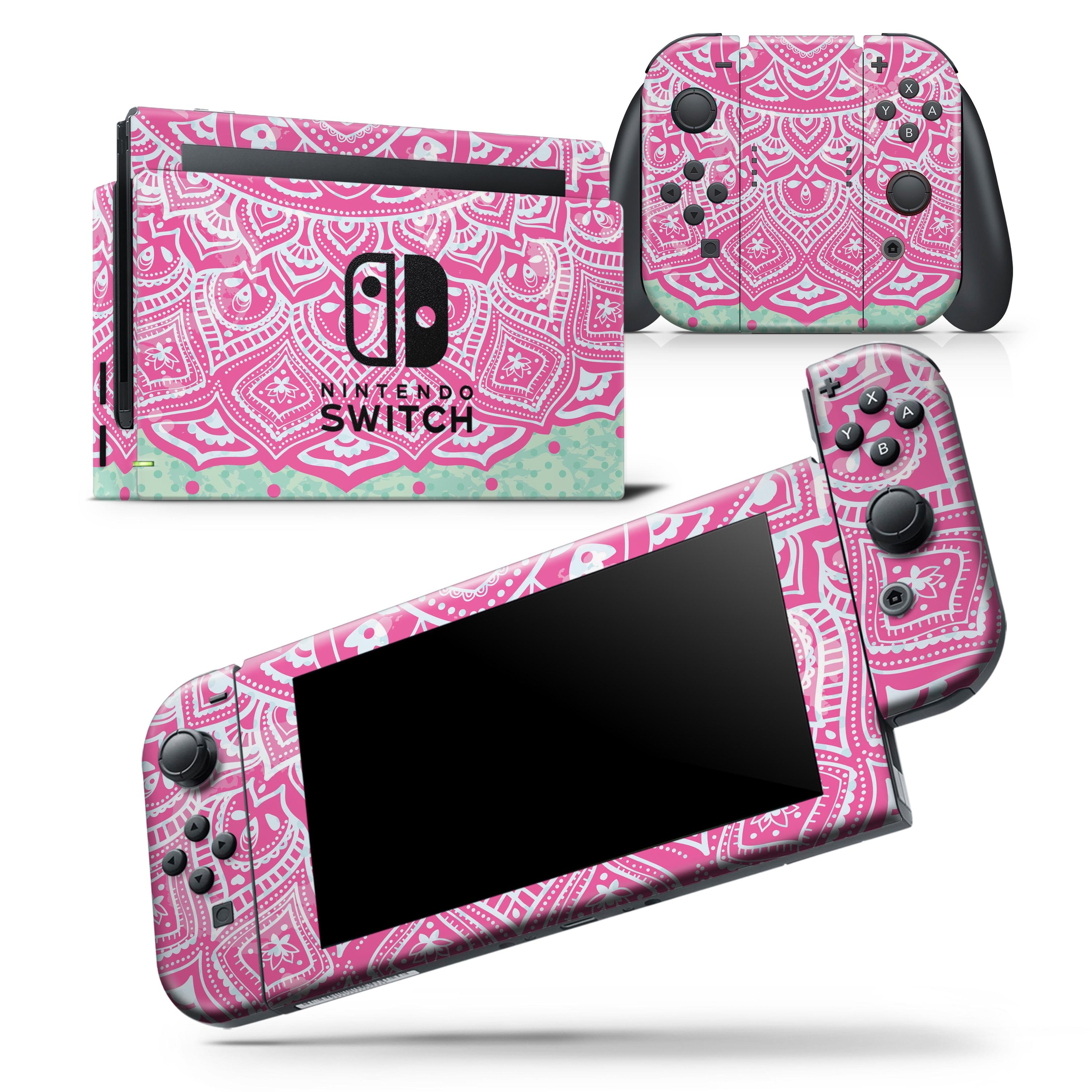 Green and Pink Tribal v3 skin wrap decal for Nintendo Switch Lite, showcasing vibrant tribal patterns and a sleek design.