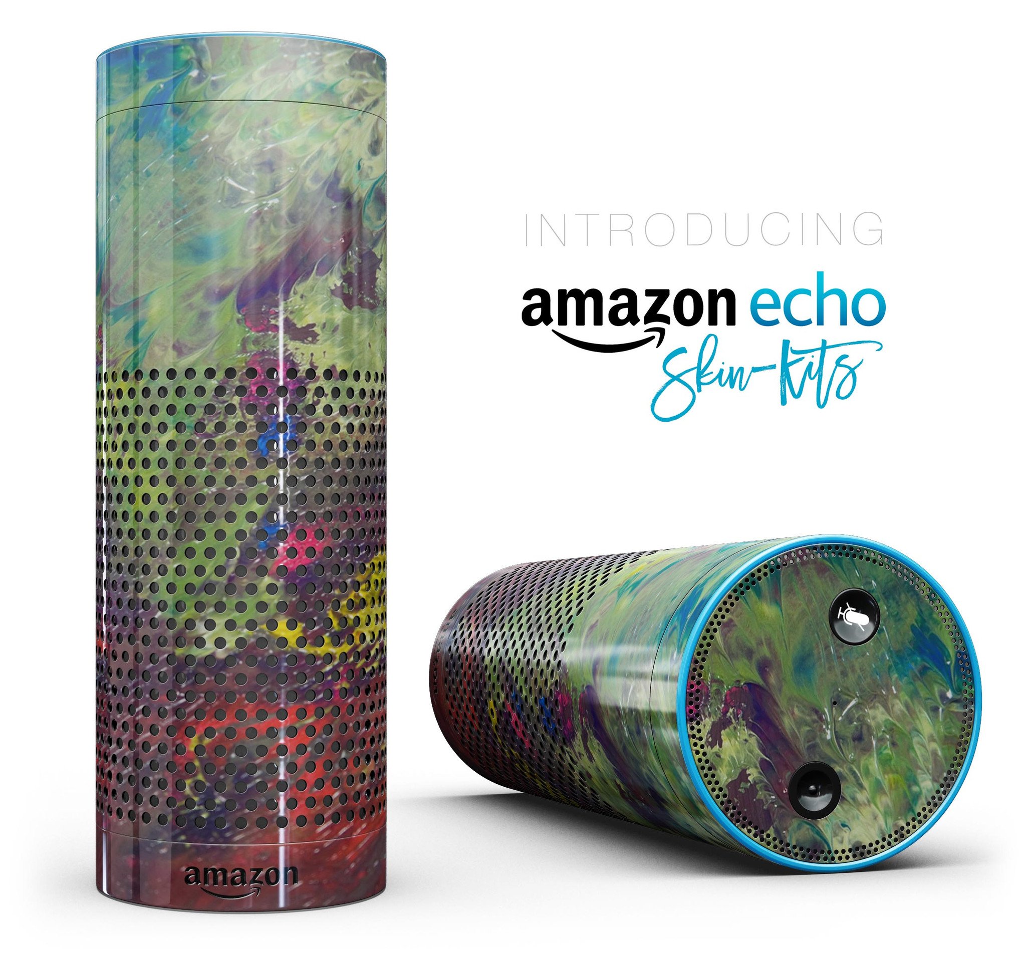 Green and Red Wet Oil Paint Canvas skin-kit for Amazon Echo, showcasing vibrant colors and artistic design for full-body protection.