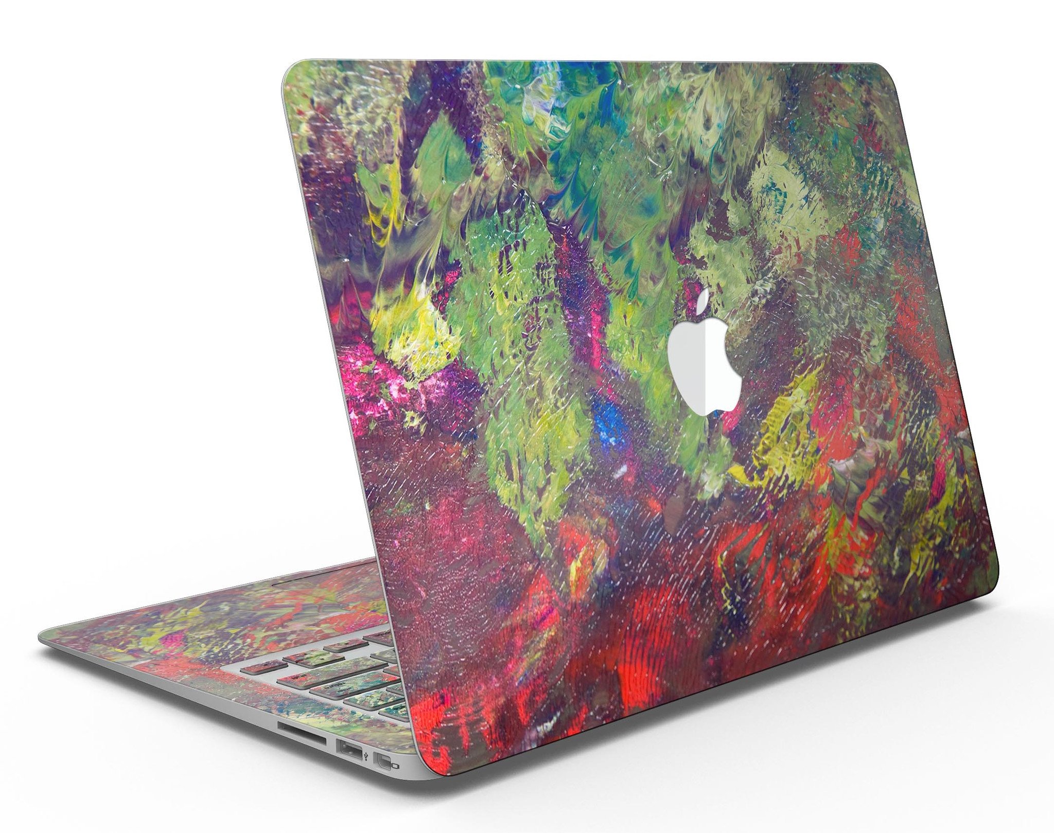 Green and Red Wet Oil Paint Canvas Skin Kit for MacBook Air, showcasing vibrant colors and artistic design.