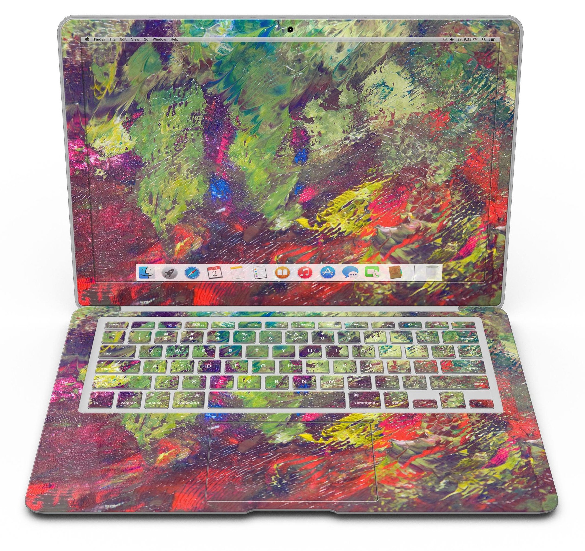 Green and Red Wet Oil Paint Canvas Skin Kit for MacBook Air, showcasing vibrant colors and artistic design.