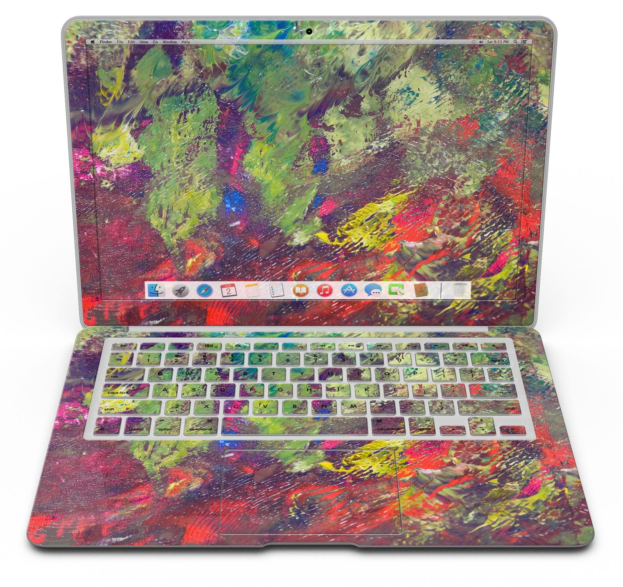 Green and Red Wet Oil Paint Canvas Skin Kit for MacBook Air, showcasing vibrant colors and artistic design.