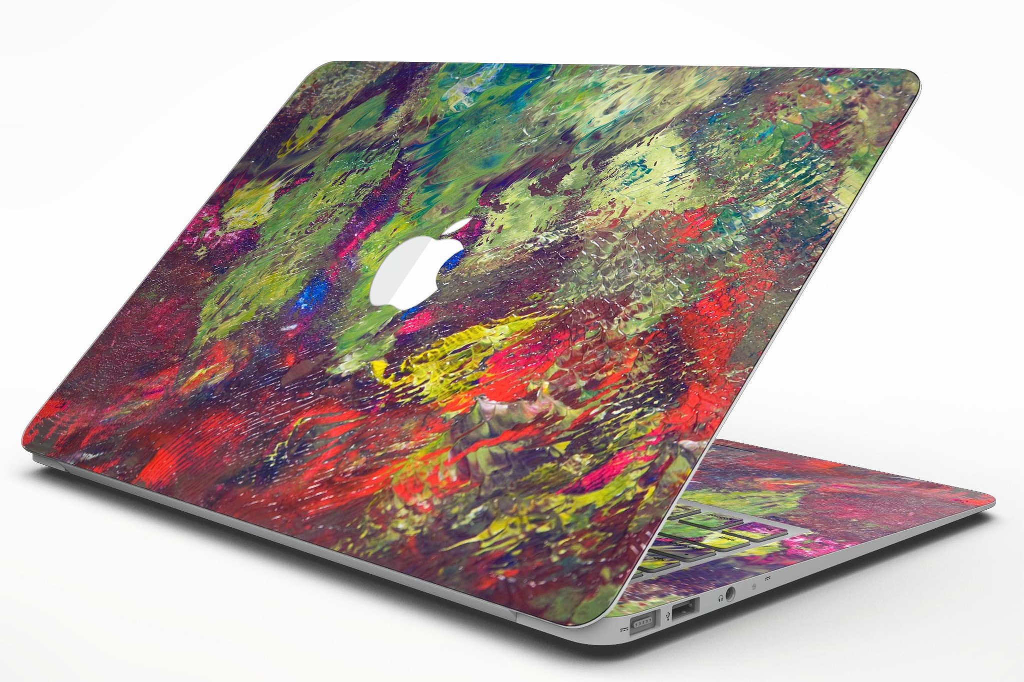 Green and Red Wet Oil Paint Canvas Skin Kit for MacBook Air, showcasing vibrant colors and artistic design.