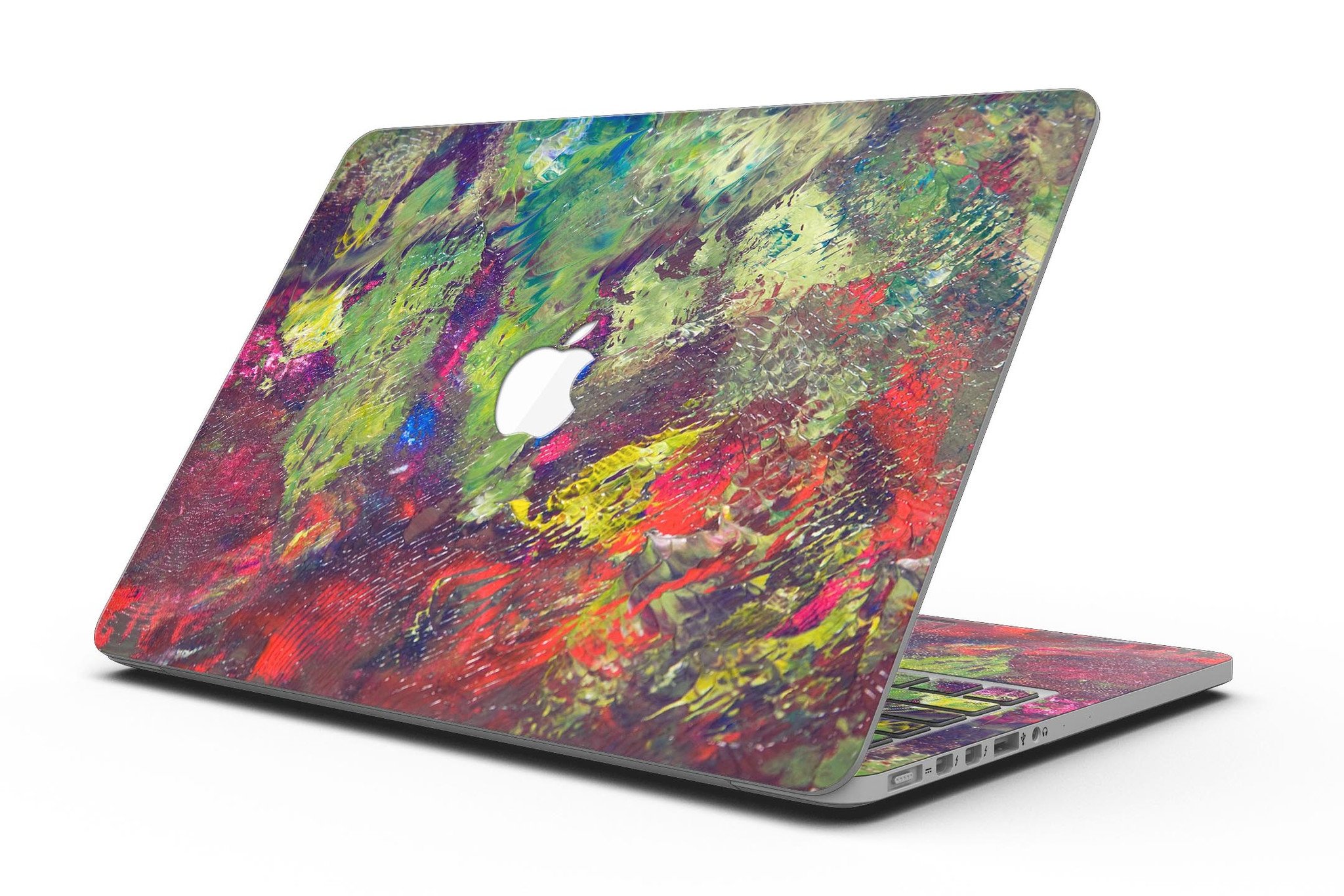 Green and Red Wet Oil Paint Canvas skin for MacBook Pro with Retina Display, showcasing vibrant colors and a stylish design.