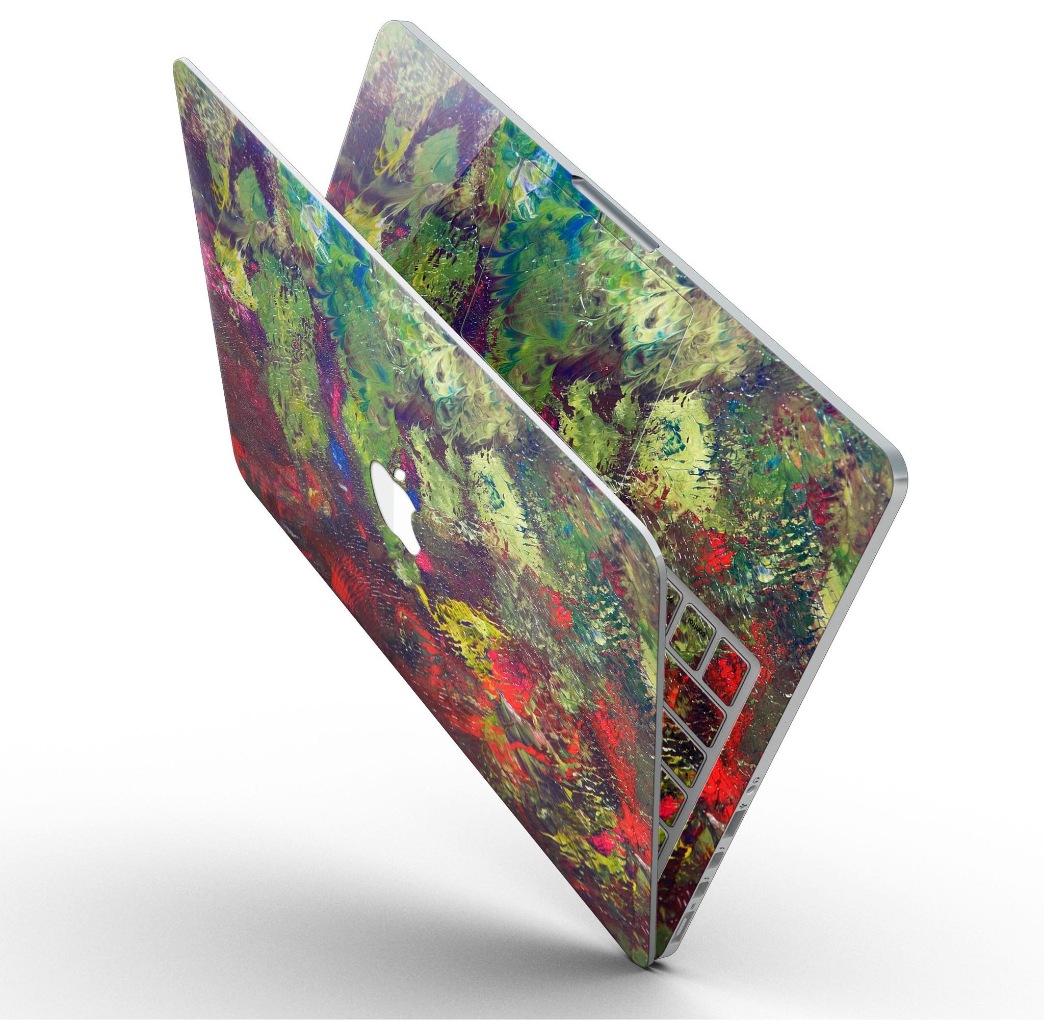 Green and Red Wet Oil Paint Canvas skin for MacBook Pro with Retina Display, showcasing vibrant colors and a stylish design.