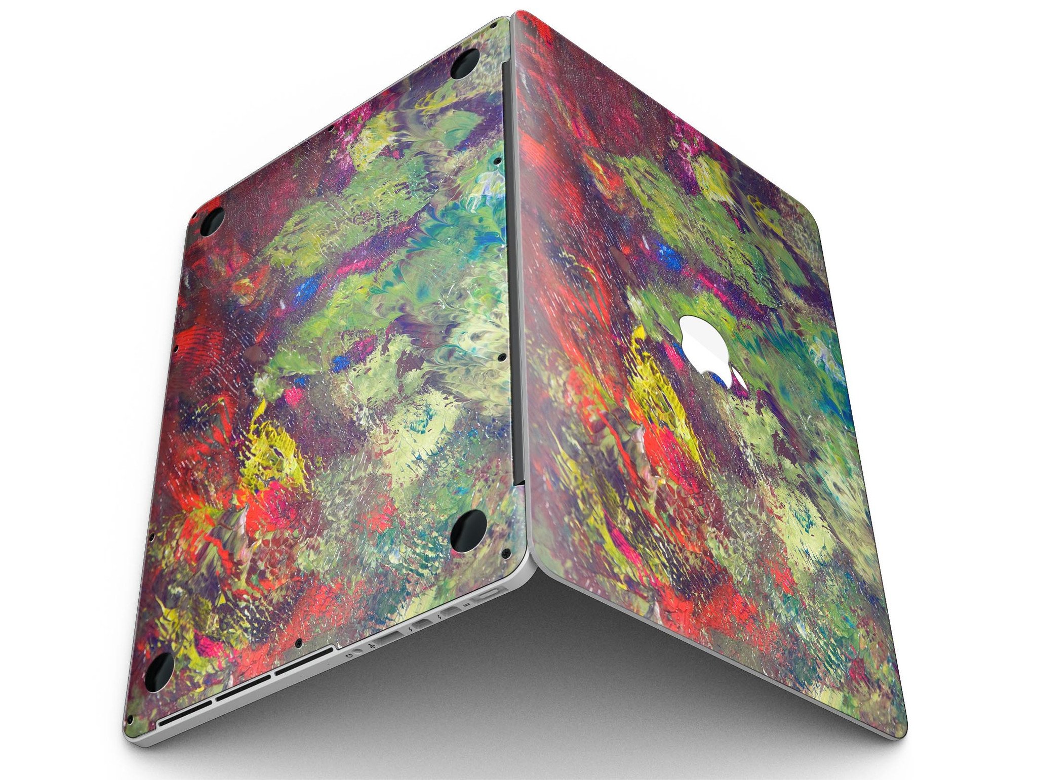 Green and Red Wet Oil Paint Canvas skin for MacBook Pro with Retina Display, showcasing vibrant colors and a stylish design.