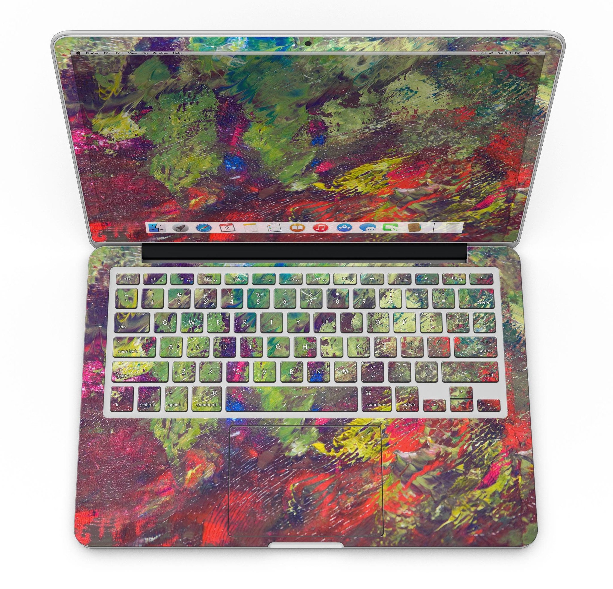 Green and Red Wet Oil Paint Canvas skin for MacBook Pro with Retina Display, showcasing vibrant colors and a stylish design.