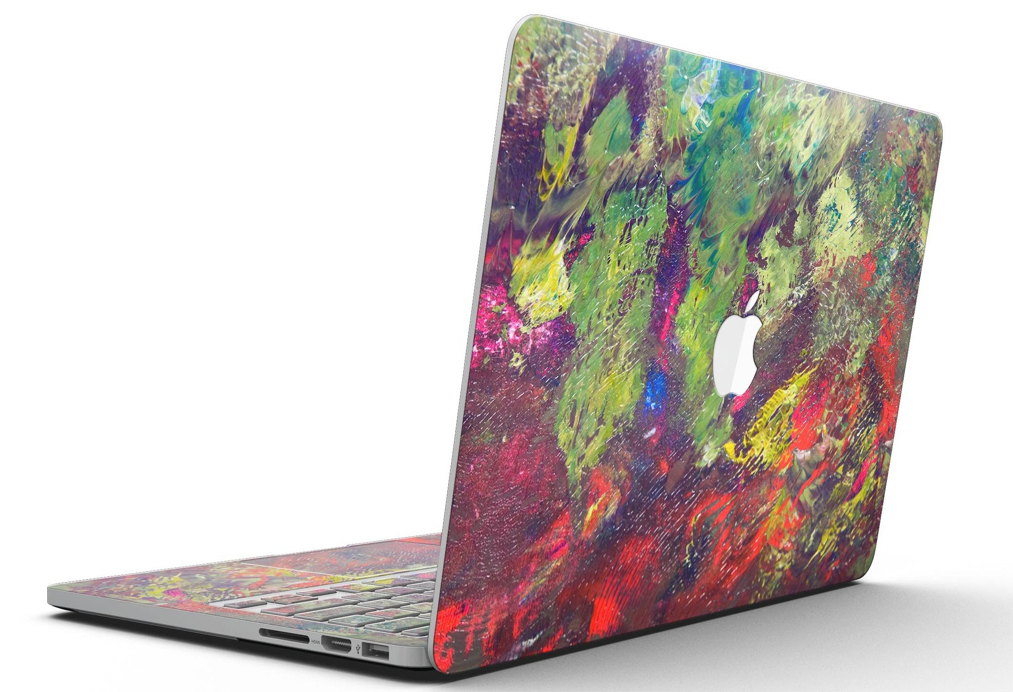 Green and Red Wet Oil Paint Canvas skin for MacBook Pro with Retina Display, showcasing vibrant colors and a stylish design.