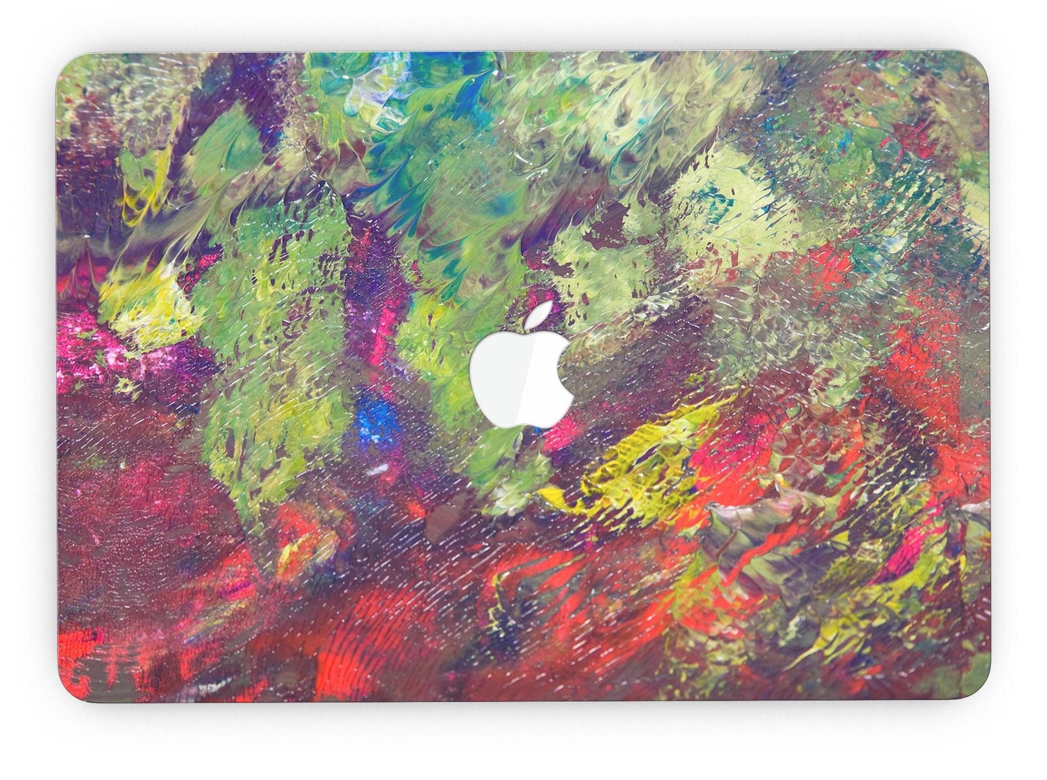 Green and Red Wet Oil Paint Canvas skin for MacBook Pro with Retina Display, showcasing vibrant colors and a stylish design.