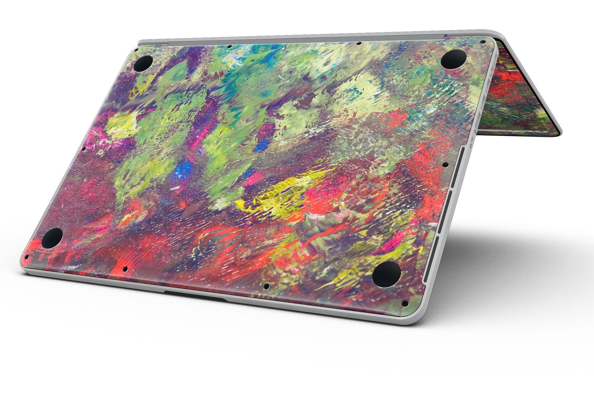 Green and Red Wet Oil Paint Canvas skin for MacBook Pro with Retina Display, showcasing vibrant colors and a stylish design.