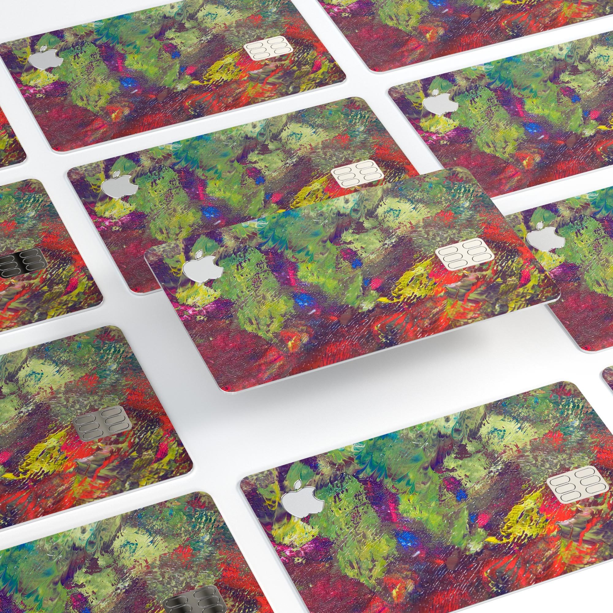 Green and Red Wet Oil Paint Canvas skin for Apple Card, showcasing vibrant colors and premium vinyl material.