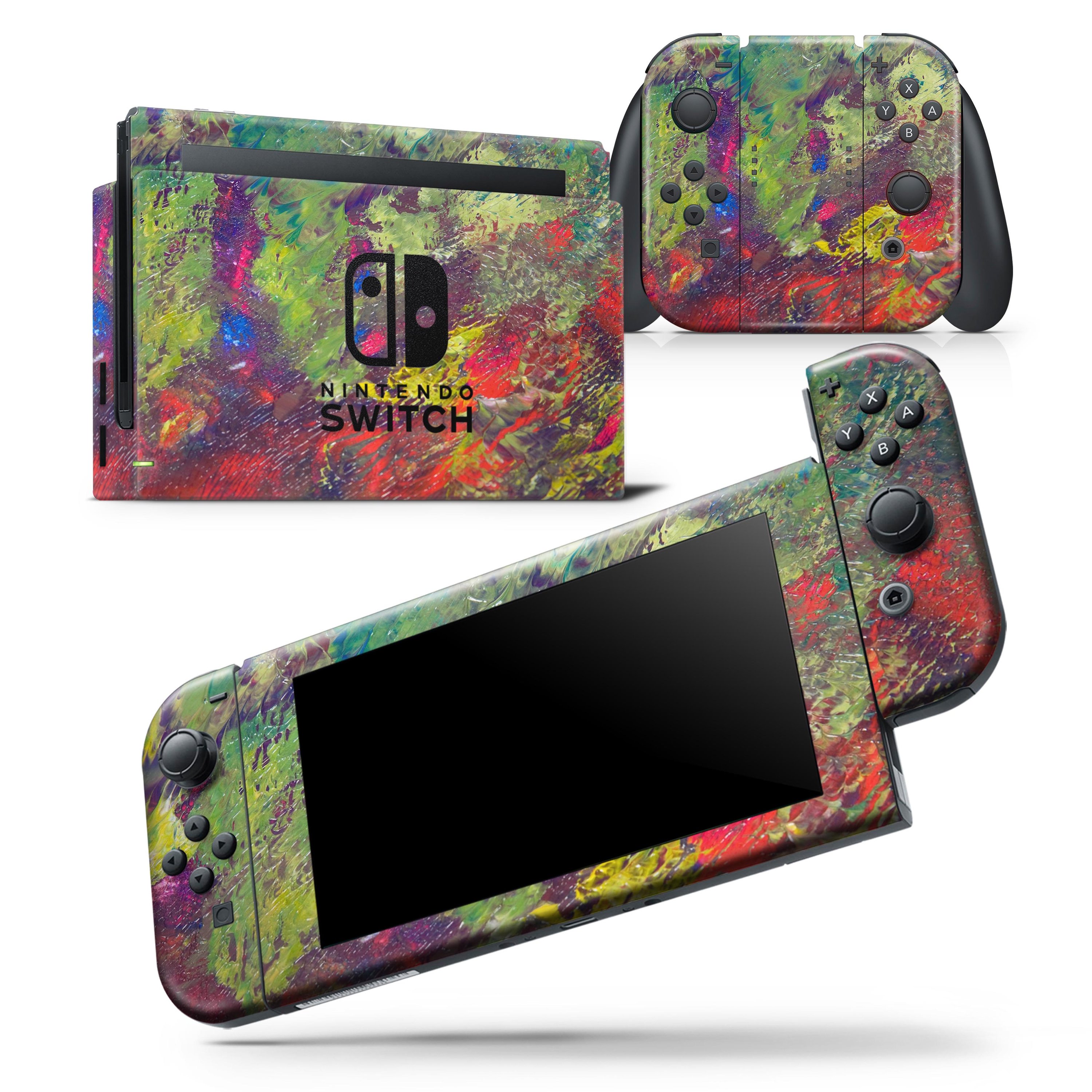 Green and Red Wet Oil Paint Canvas skin wrap decal for Nintendo Switch, showcasing vibrant colors and a sleek design.