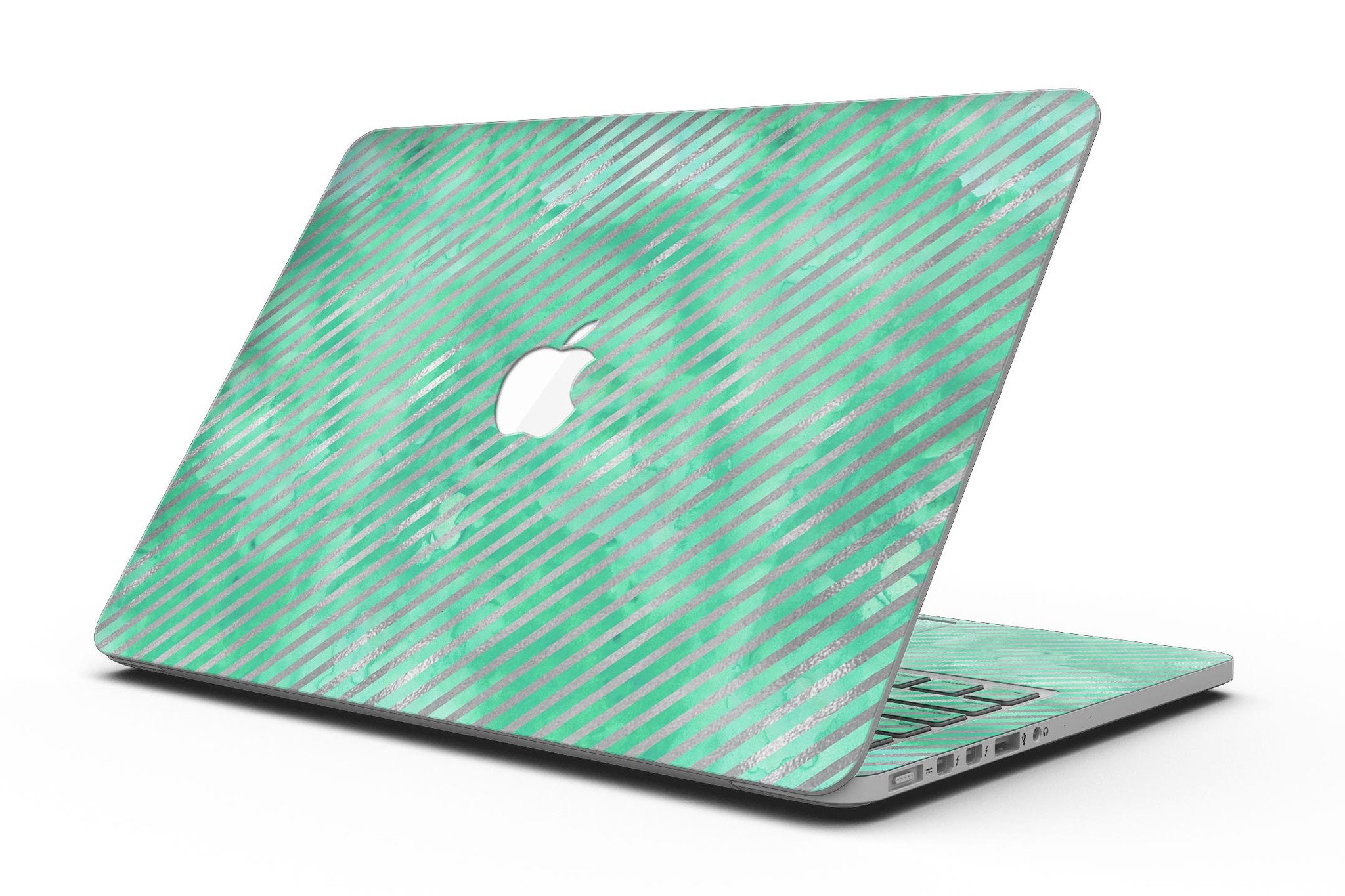 Green and silver watercolor diagonal stripes skin for MacBook Pro with Retina Display, showcasing a vibrant and artistic design.