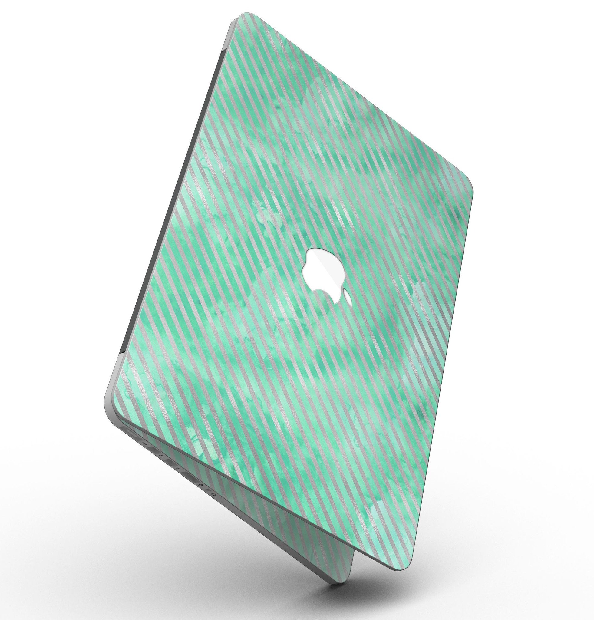 Green and silver watercolor diagonal stripes skin for MacBook Pro with Retina Display, showcasing a vibrant and artistic design.