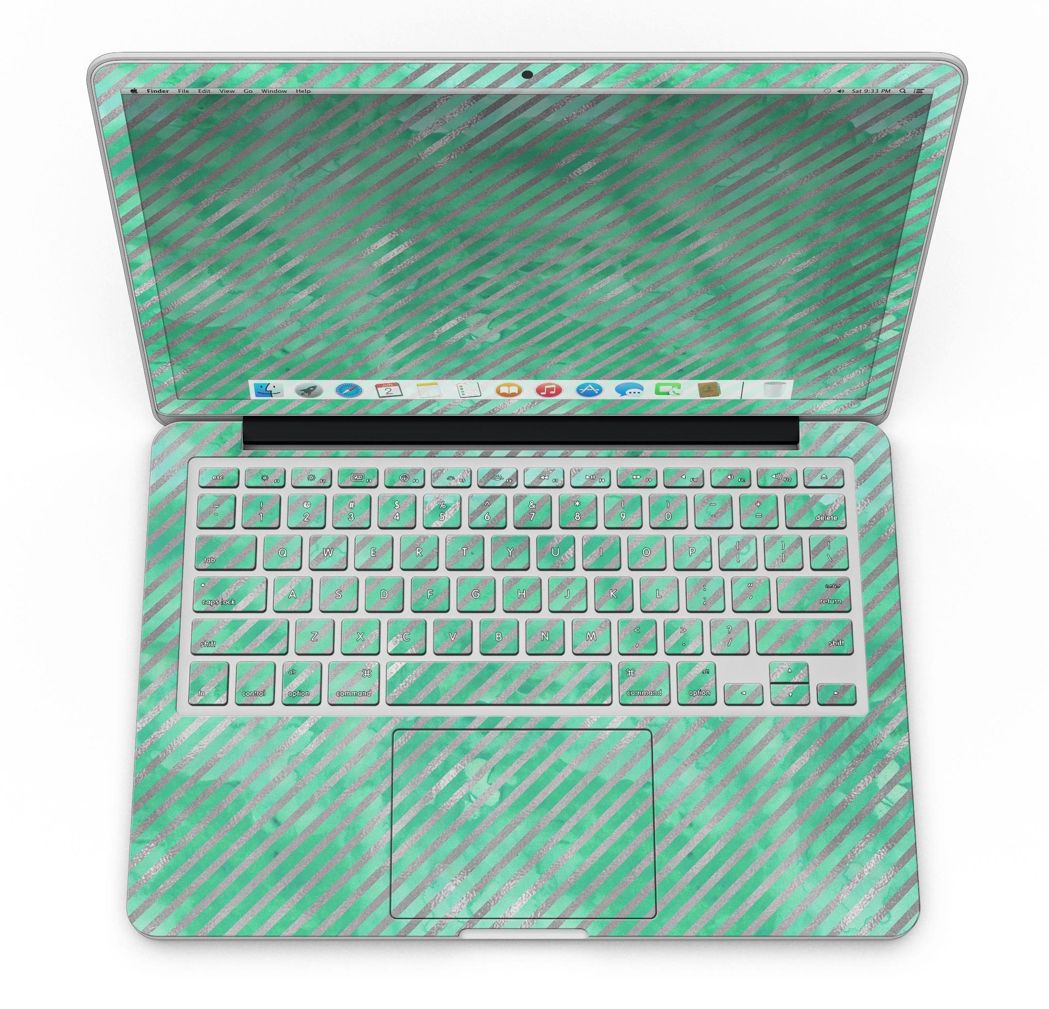 Green and silver watercolor diagonal stripes skin for MacBook Pro with Retina Display, showcasing a vibrant and artistic design.