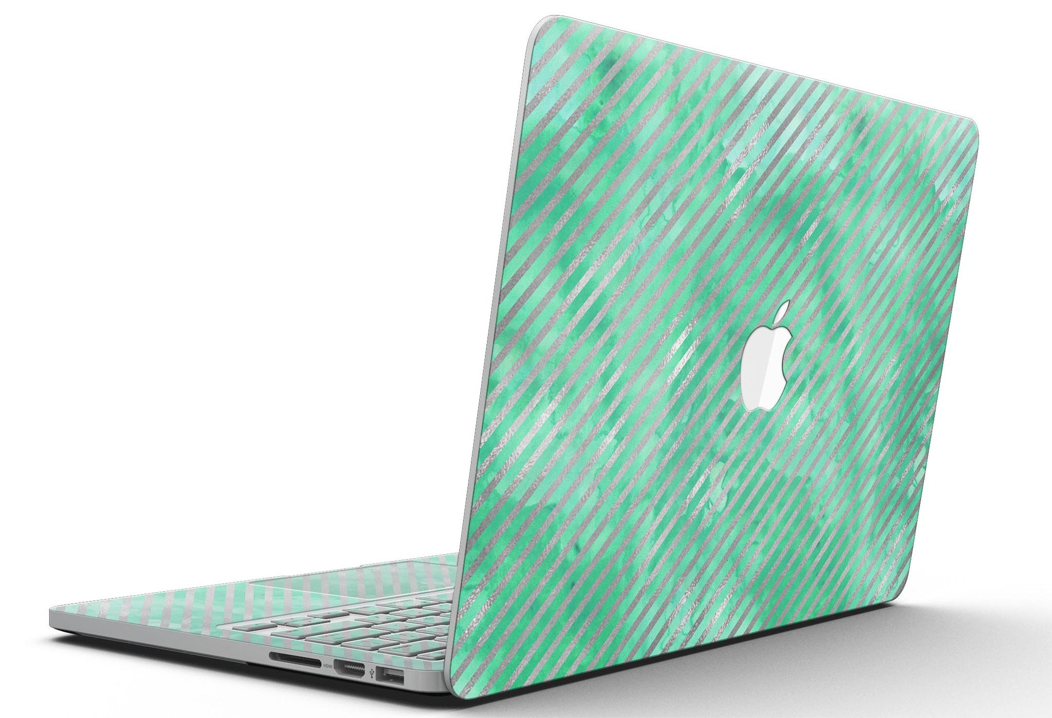 Green and silver watercolor diagonal stripes skin for MacBook Pro with Retina Display, showcasing a vibrant and artistic design.