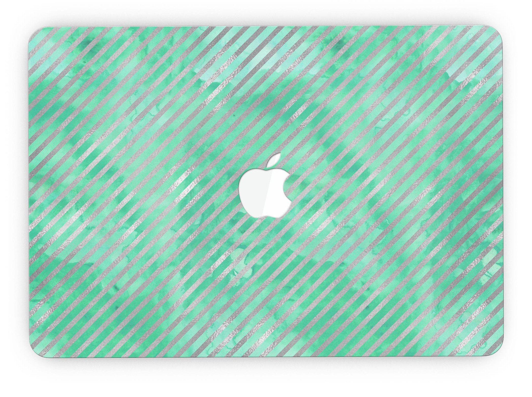 Green and silver watercolor diagonal stripes skin for MacBook Pro with Retina Display, showcasing a vibrant and artistic design.