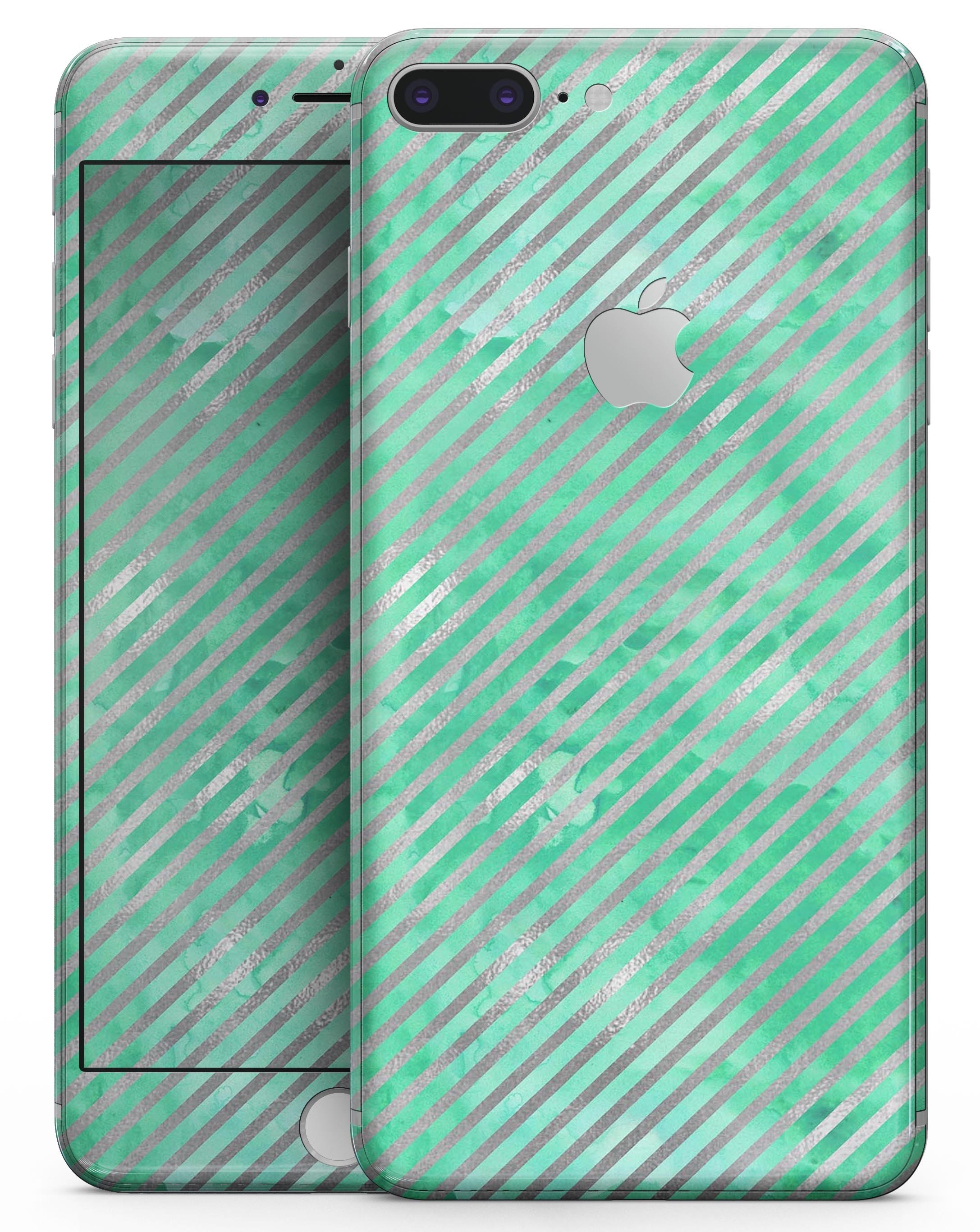 Green and silver watercolor diagonal stripes skin for iPhone 8 and 8 Plus, showcasing vibrant colors and a sleek design.