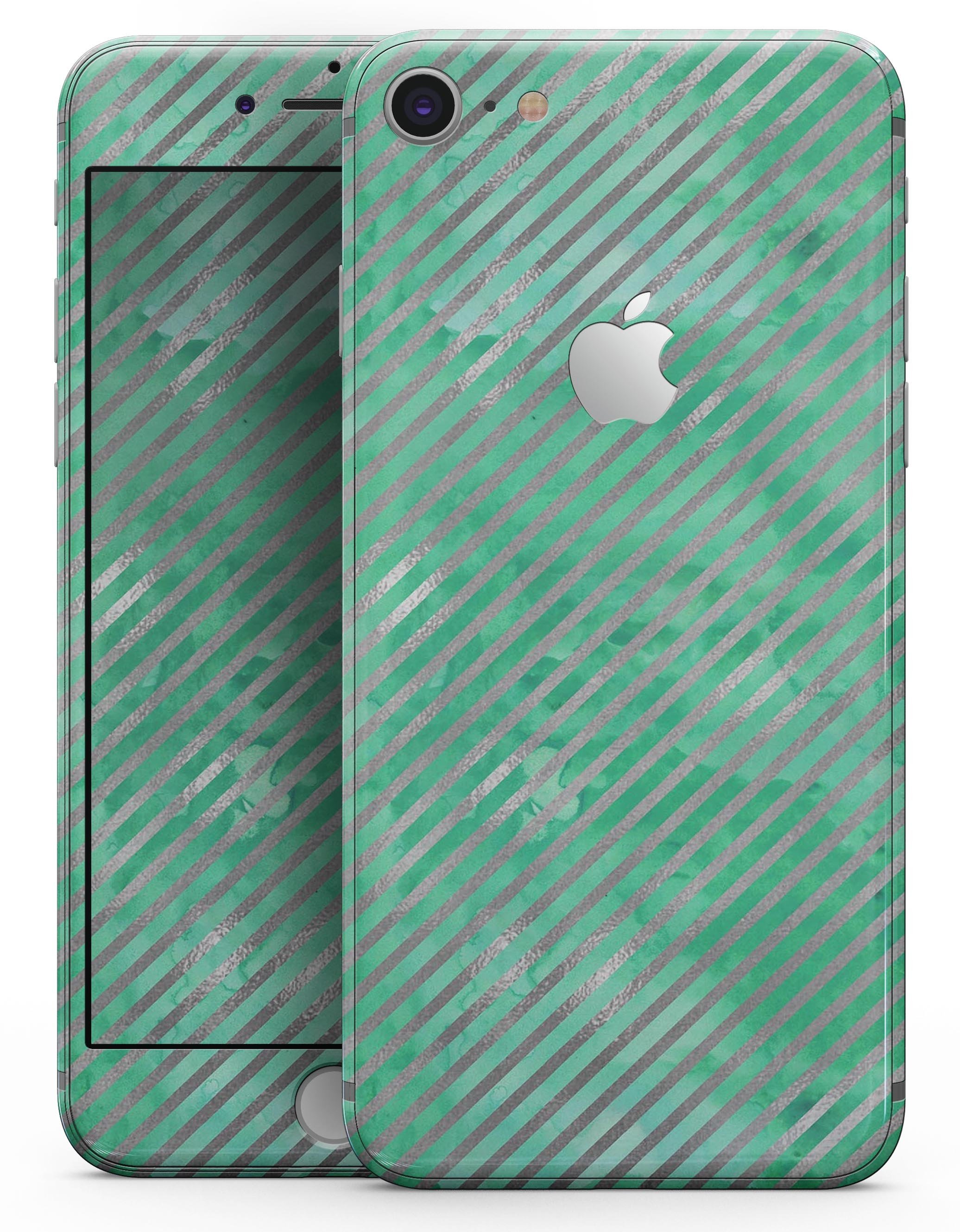 Green and silver watercolor diagonal stripes skin for iPhone 8 and 8 Plus, showcasing vibrant colors and a sleek design.