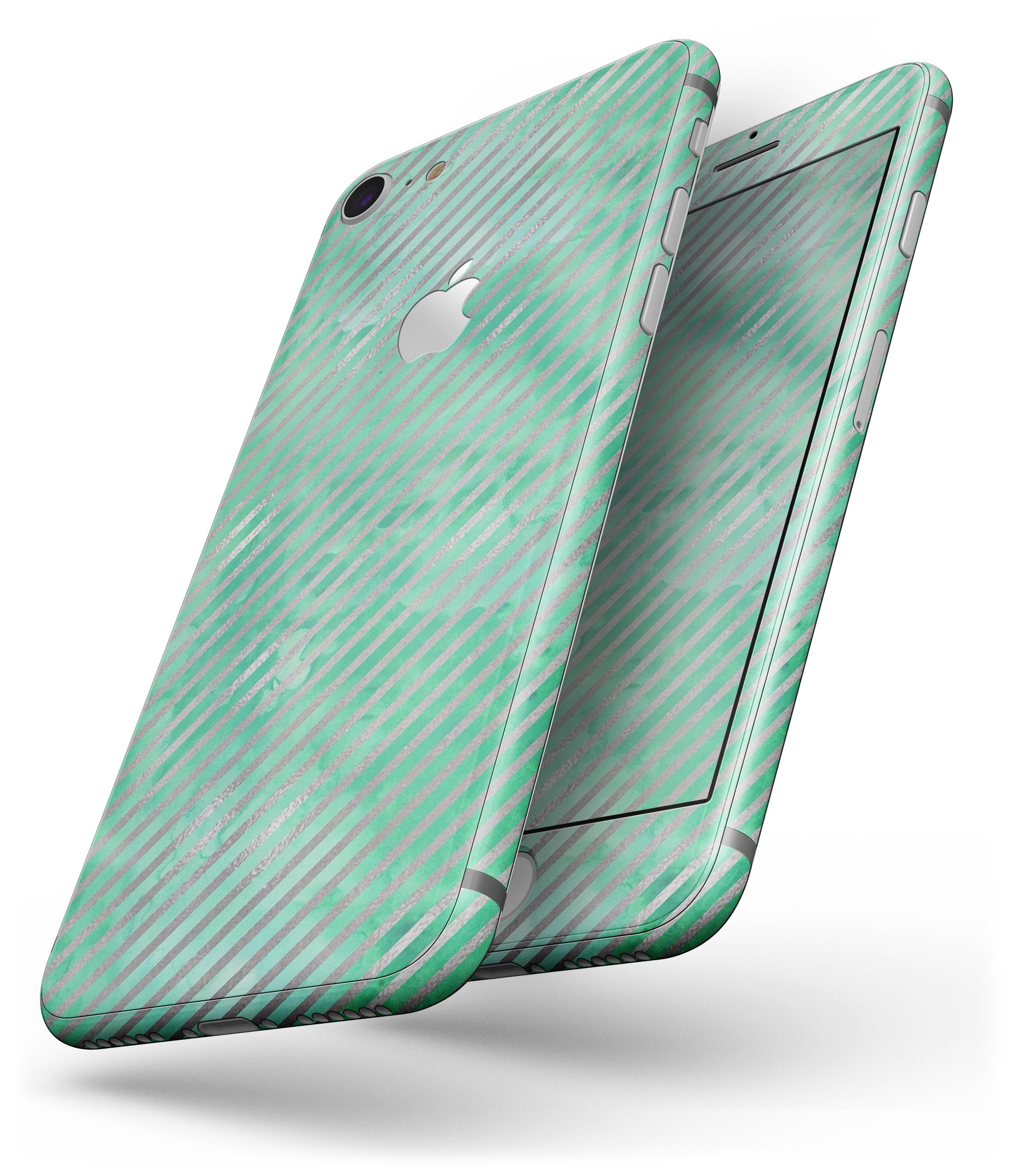 Green and silver watercolor diagonal stripes skin for iPhone 8 and 8 Plus, showcasing vibrant colors and a sleek design.