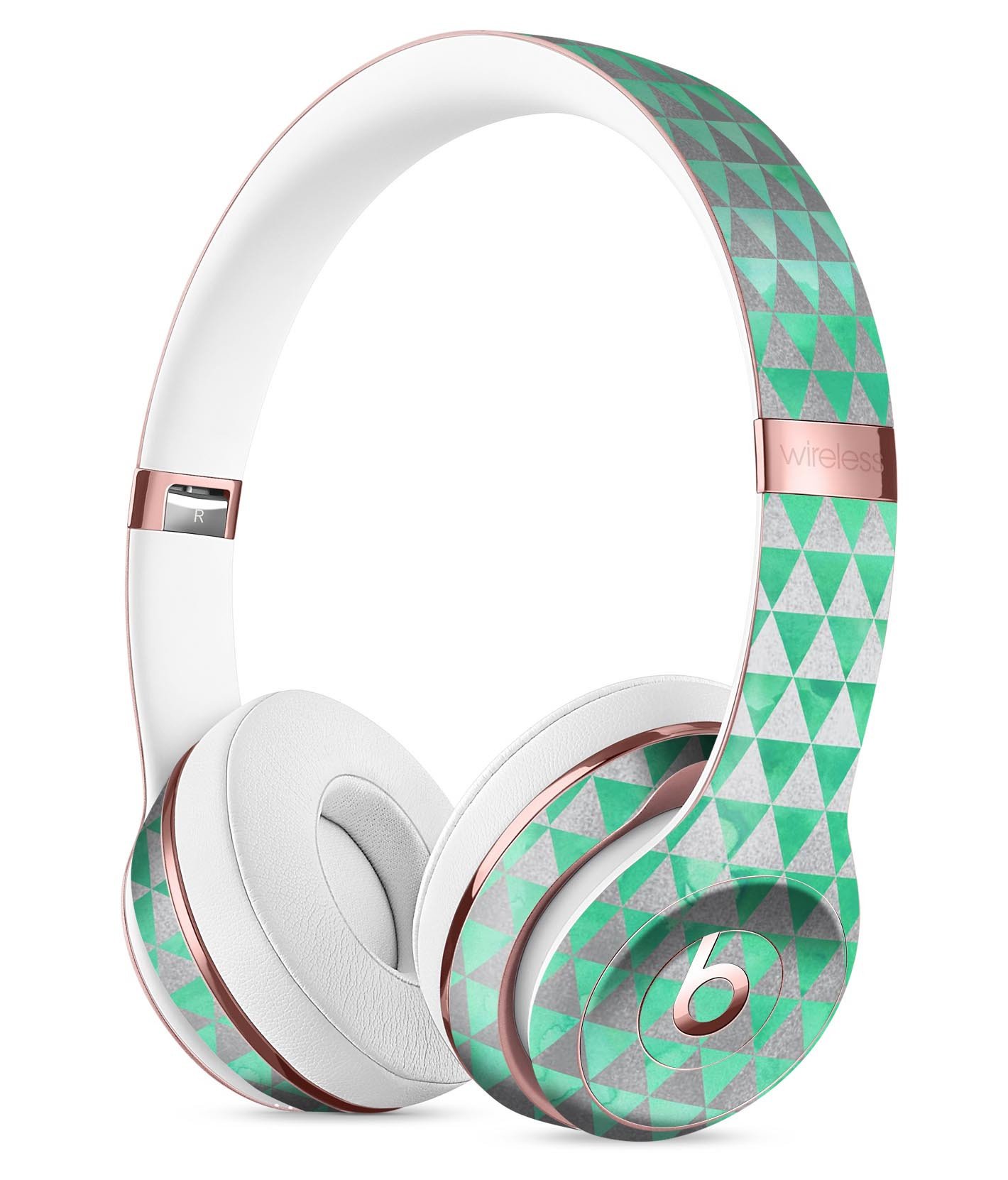 Green and Silver Watercolor Triangle Pattern Skin Kit for Beats by Dre Solo 3 Wireless Headphones, showcasing vibrant colors and unique design.