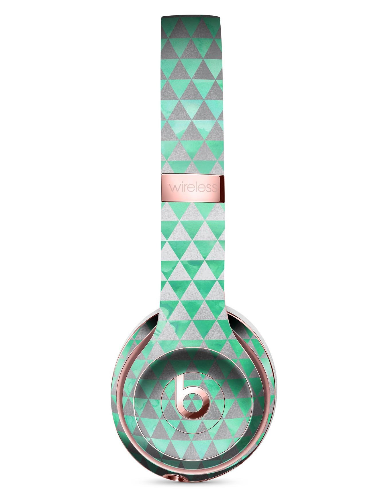 Green and Silver Watercolor Triangle Pattern Skin Kit for Beats by Dre Solo 3 Wireless Headphones, showcasing vibrant colors and unique design.