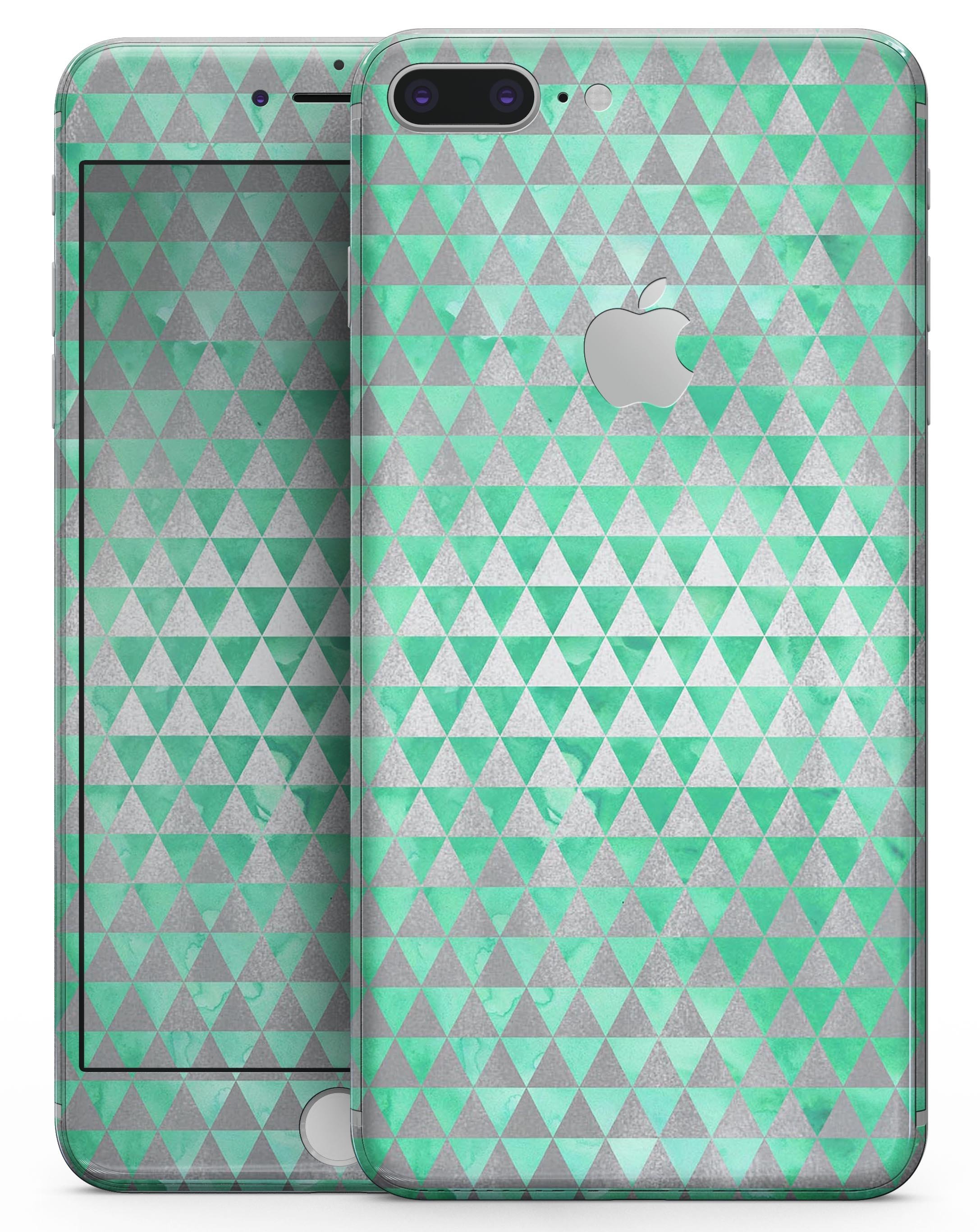 Green and silver watercolor triangle pattern skin for iPhone 8 and 8 Plus, showcasing vibrant colors and sleek design.