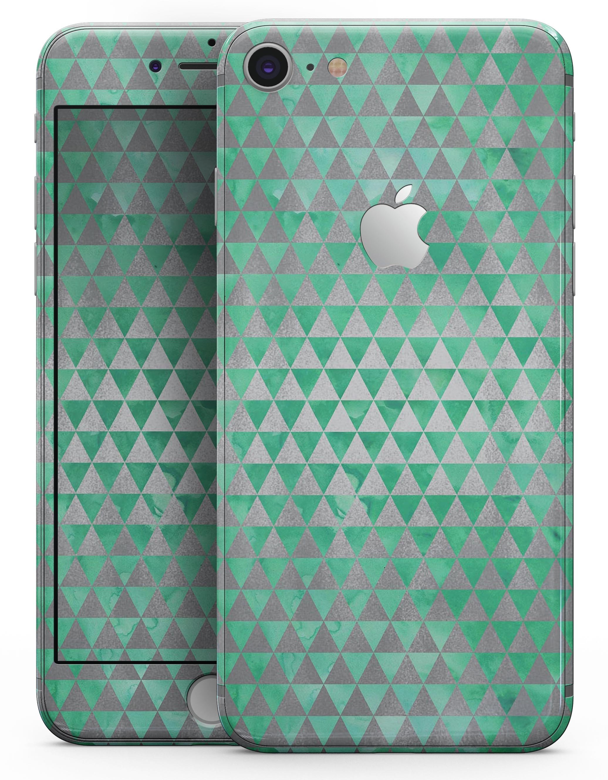 Green and silver watercolor triangle pattern skin for iPhone 8 and 8 Plus, showcasing vibrant colors and sleek design.