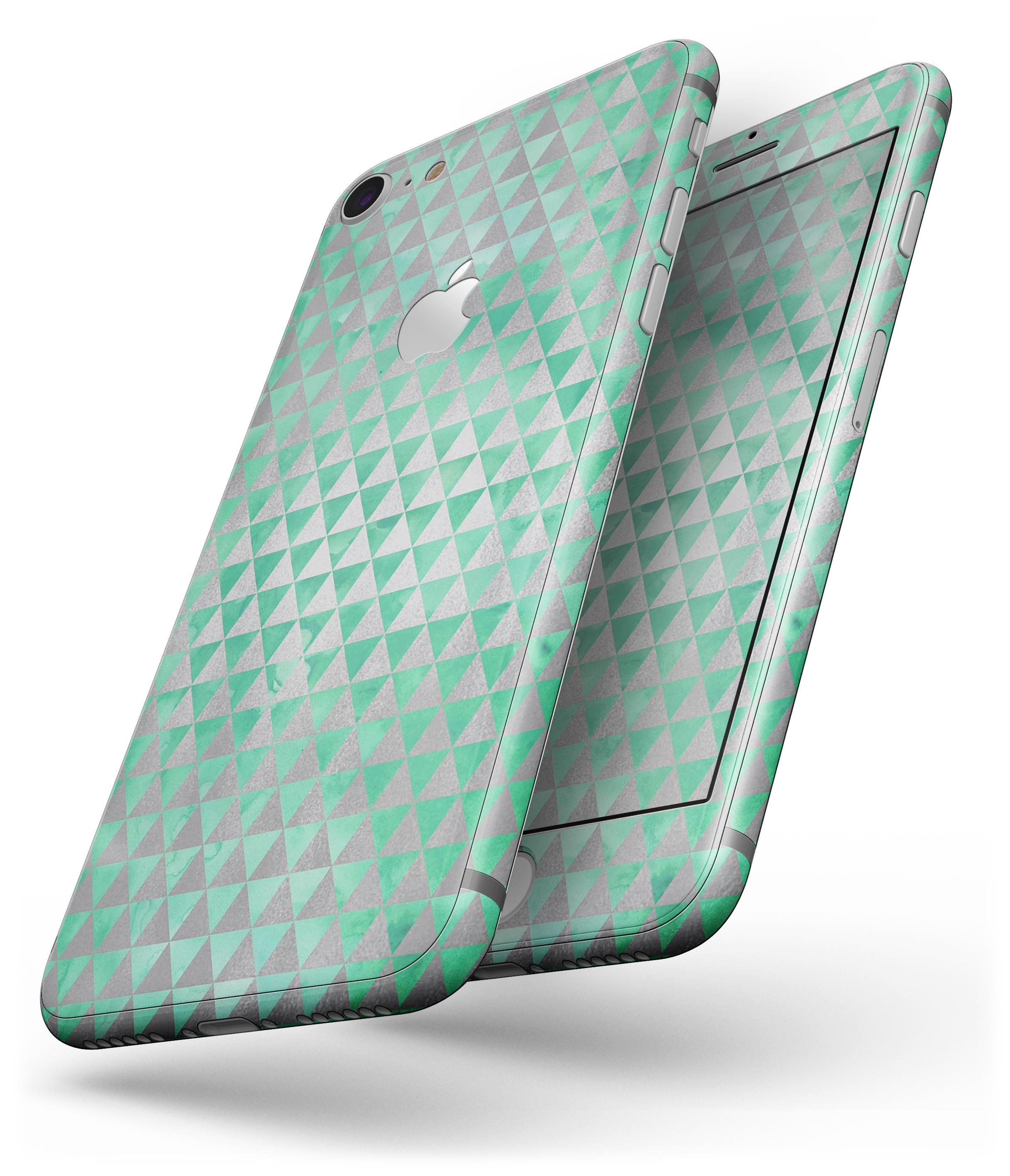 Green and silver watercolor triangle pattern skin for iPhone 8 and 8 Plus, showcasing vibrant colors and sleek design.