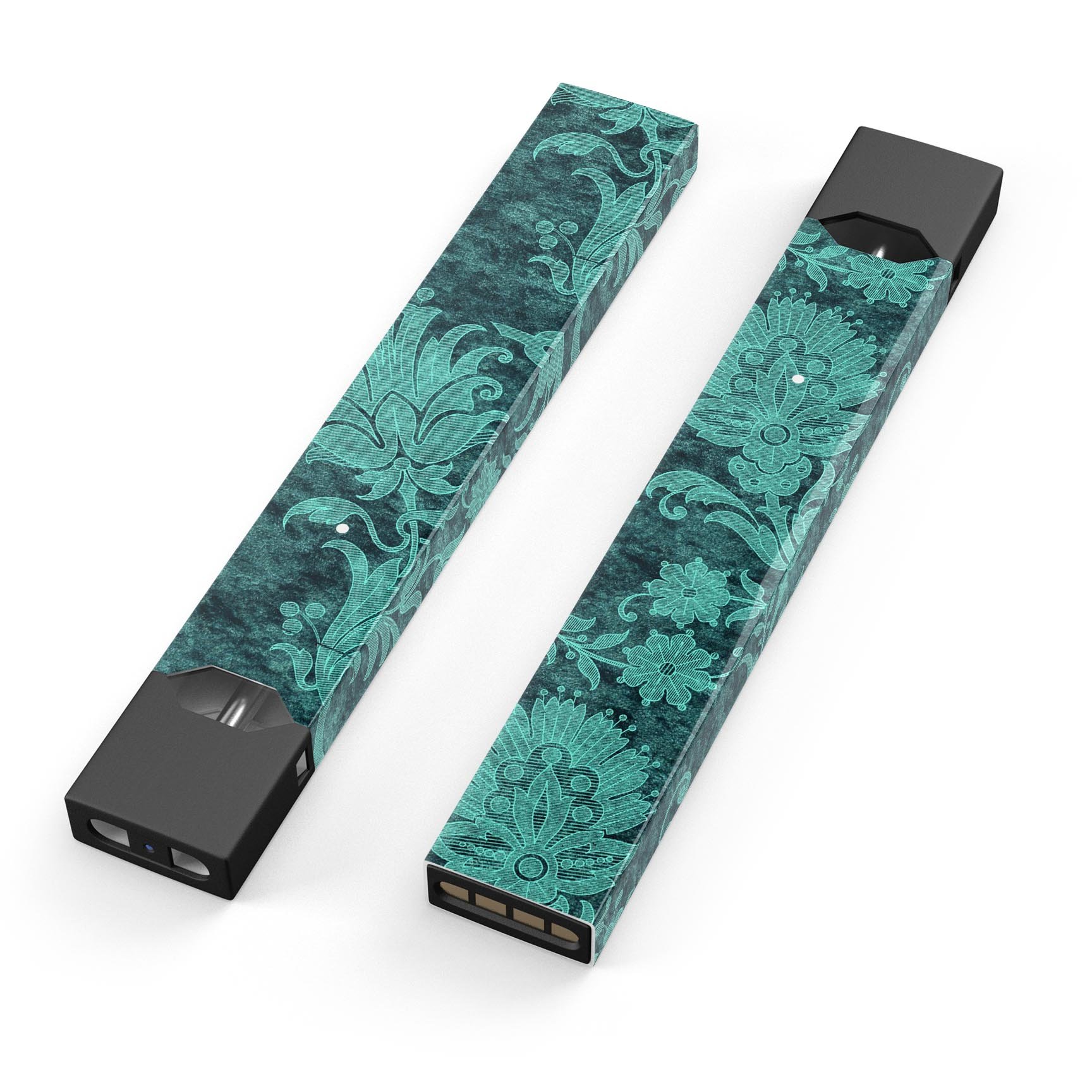 Green and Teal Floral Velvet skin-wrap for JUUL vaping device, showcasing vibrant floral design and premium quality.