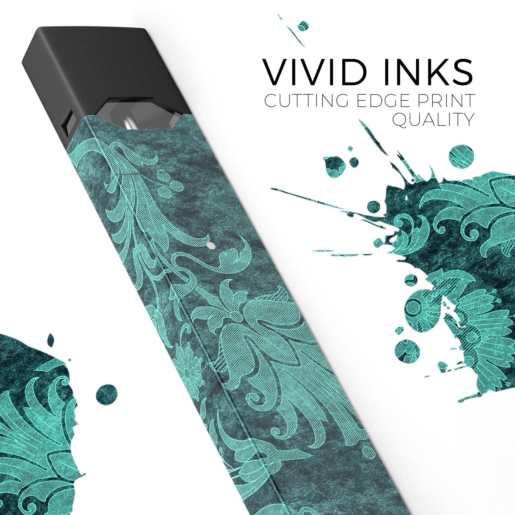 Green and Teal Floral Velvet skin-wrap for JUUL vaping device, showcasing vibrant floral design and premium quality.