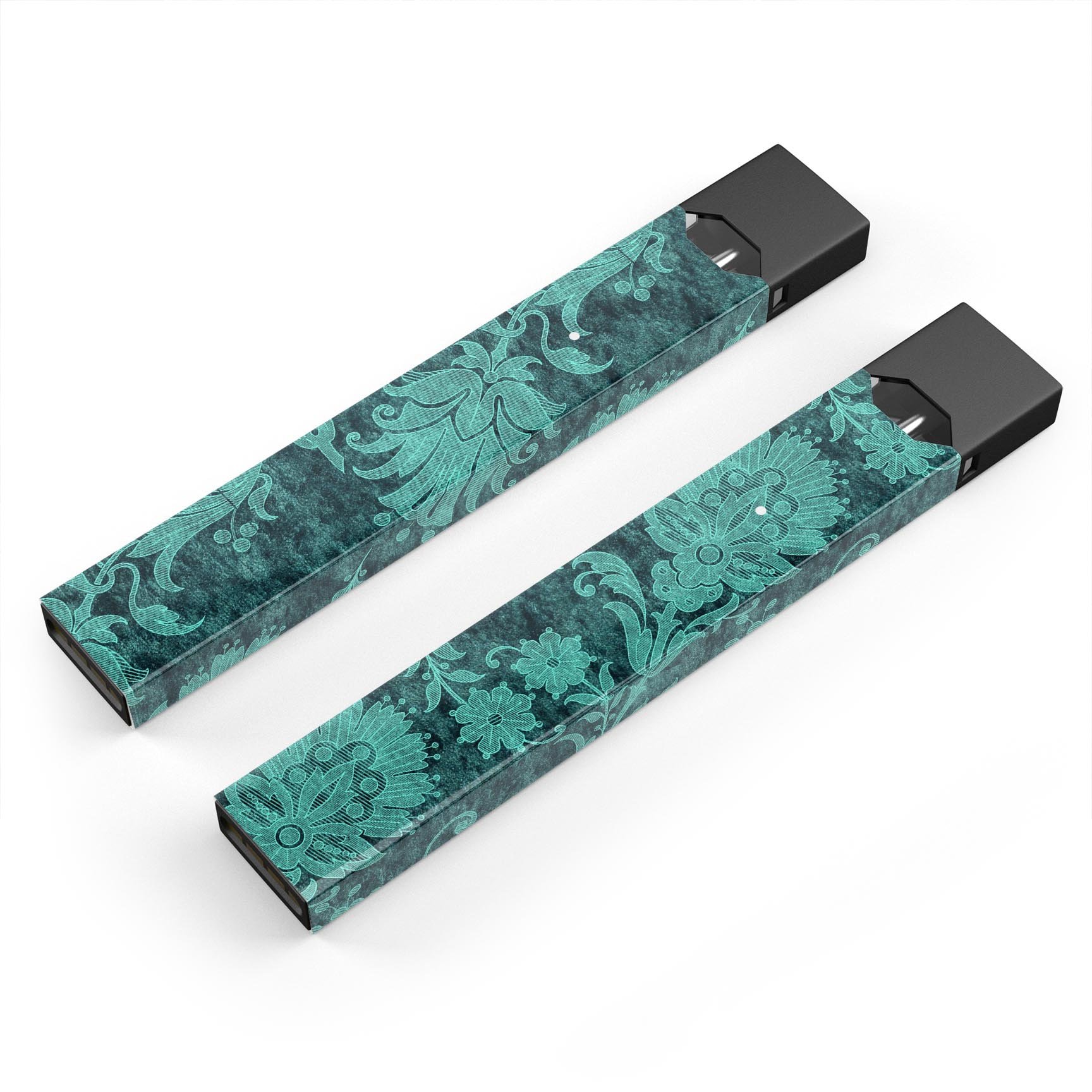 Green and Teal Floral Velvet skin-wrap for JUUL vaping device, showcasing vibrant floral design and premium quality.