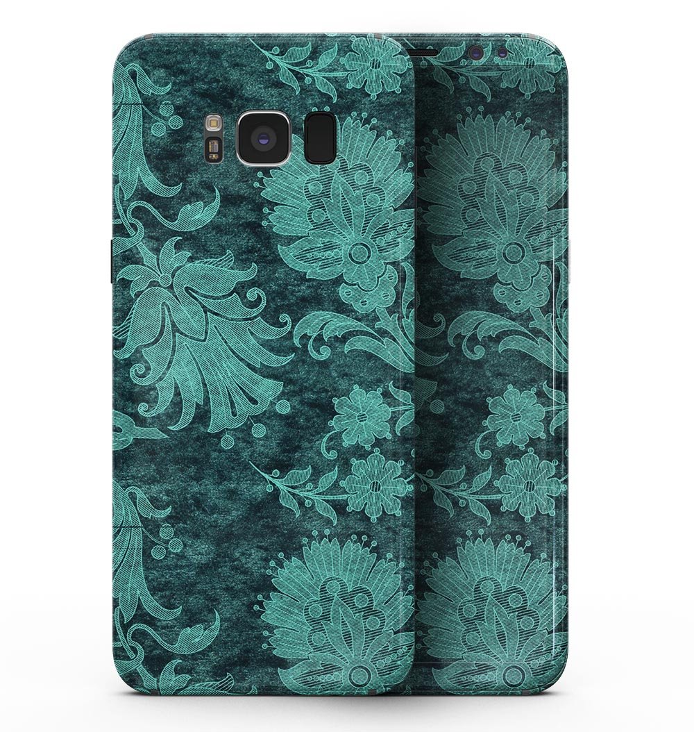 Green and Teal Floral Velvet skin for Samsung Galaxy S8, showcasing vibrant floral patterns on a sleek vinyl surface.