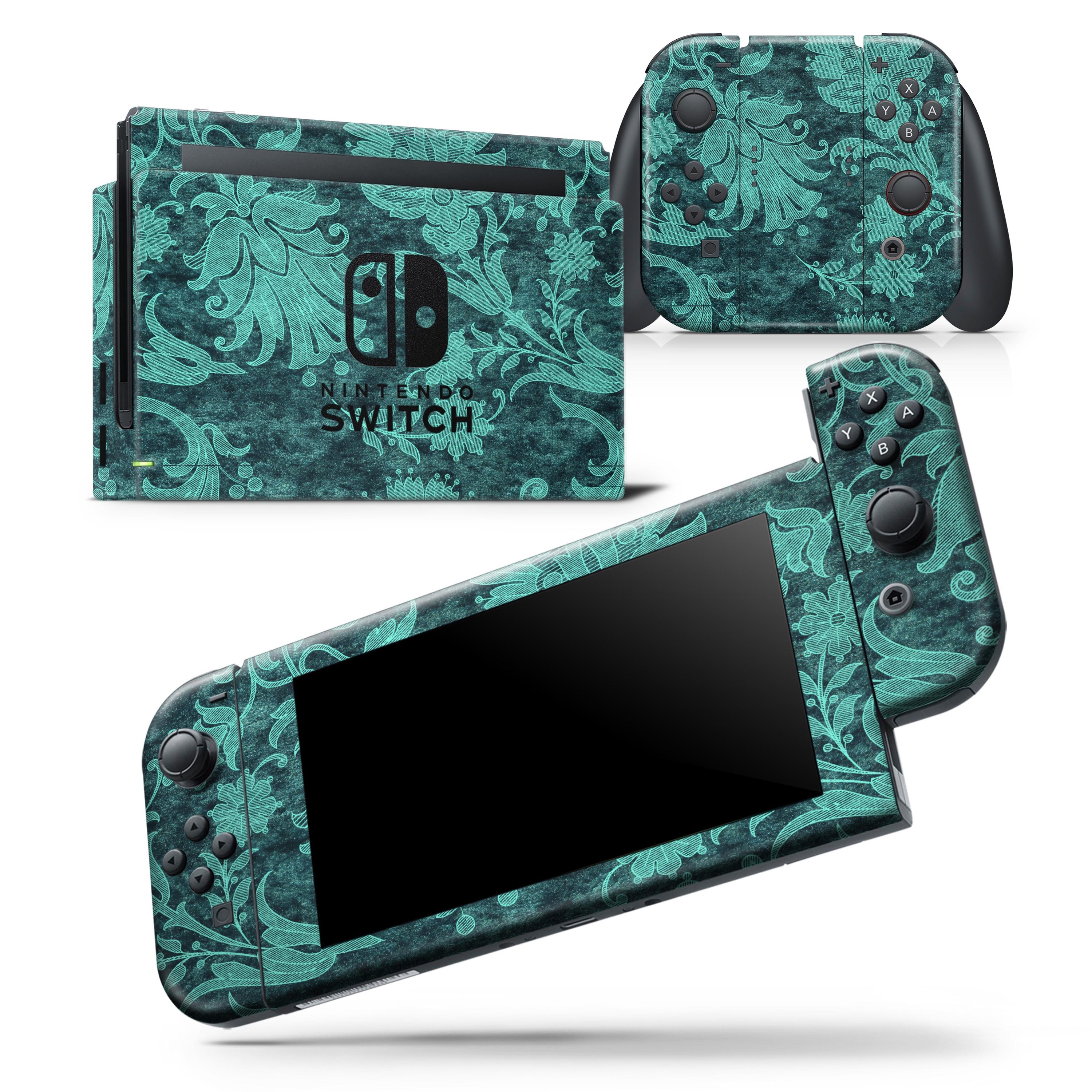 Green and Teal Floral Velvet skin wrap decal for Nintendo Switch, showcasing vibrant floral patterns on a sleek vinyl surface.