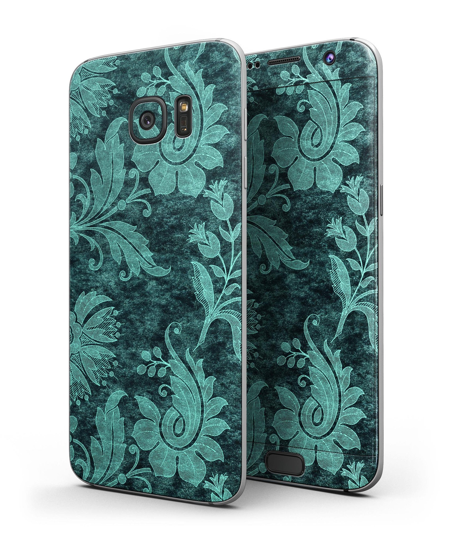 Green and Teal Floral Velvet skin for Samsung Galaxy S7/S7 Edge, showcasing vibrant floral design on premium vinyl material.