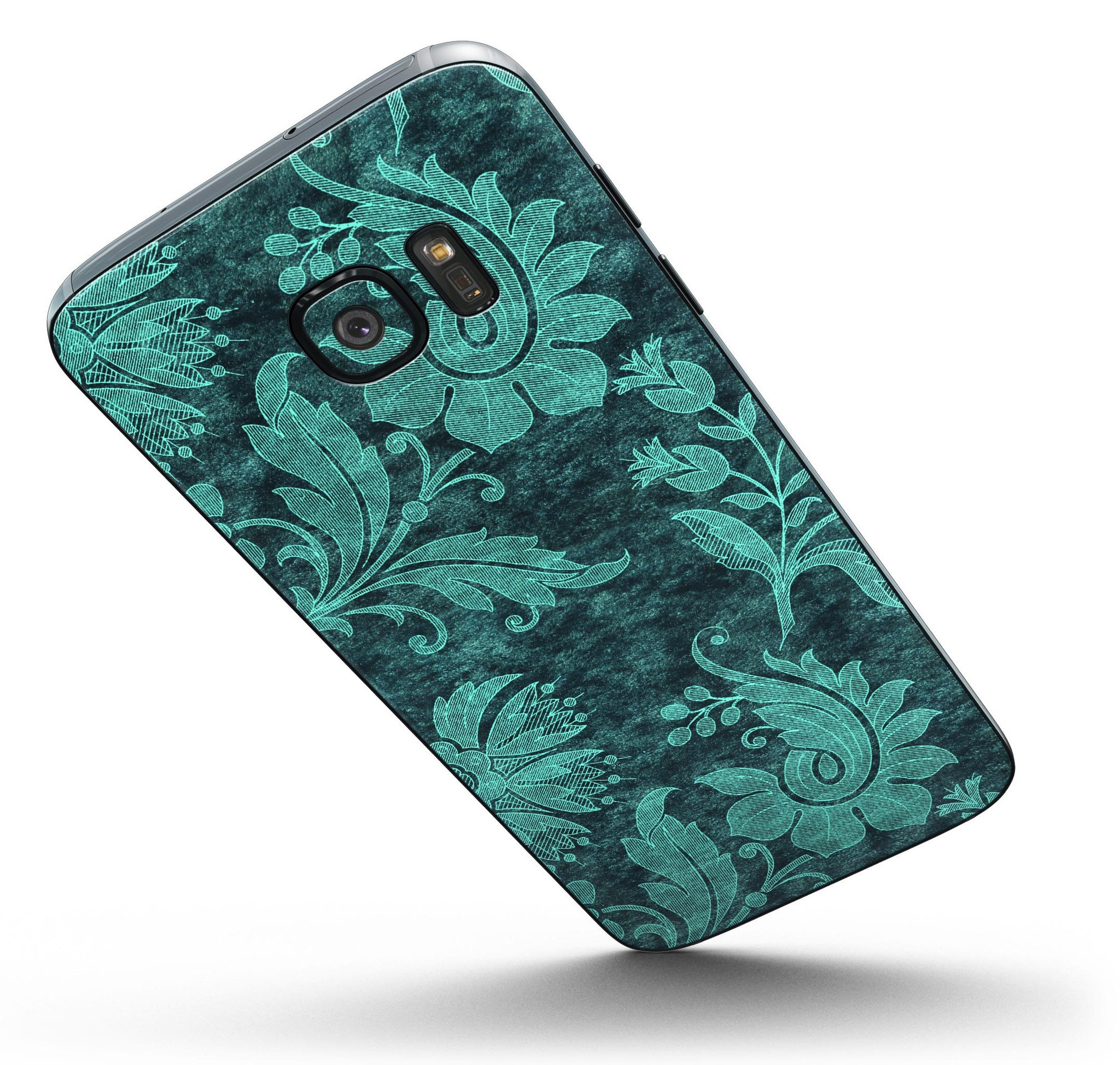 Green and Teal Floral Velvet skin for Samsung Galaxy S7/S7 Edge, showcasing vibrant floral design on premium vinyl material.