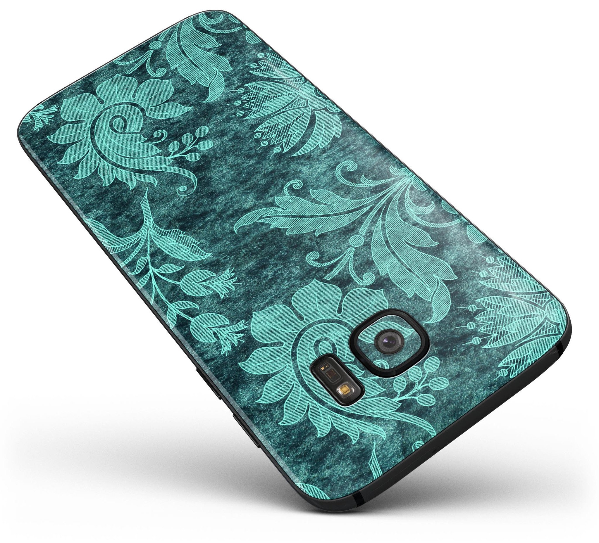 Green and Teal Floral Velvet skin for Samsung Galaxy S7/S7 Edge, showcasing vibrant floral design on premium vinyl material.