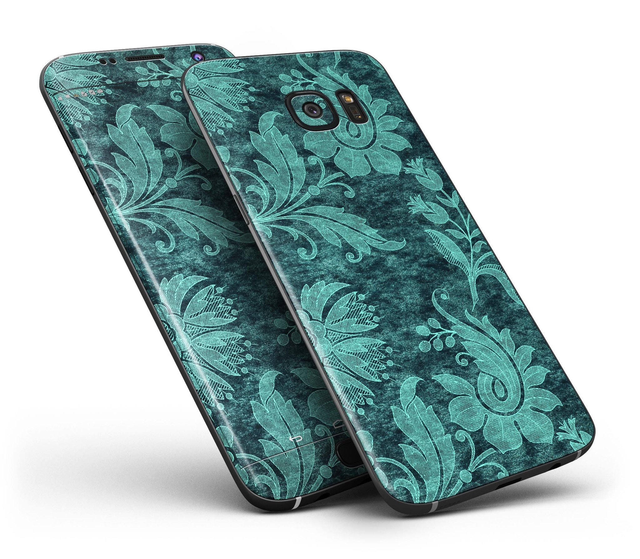 Green and Teal Floral Velvet skin for Samsung Galaxy S7/S7 Edge, showcasing vibrant floral design on premium vinyl material.