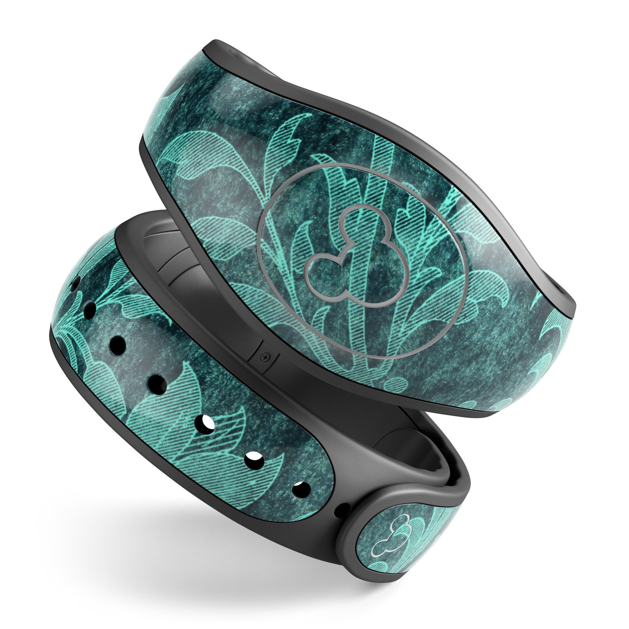 Green and teal floral velvet decal skin wrap kit for Disney Magic Band, showcasing vibrant colors and intricate floral patterns.