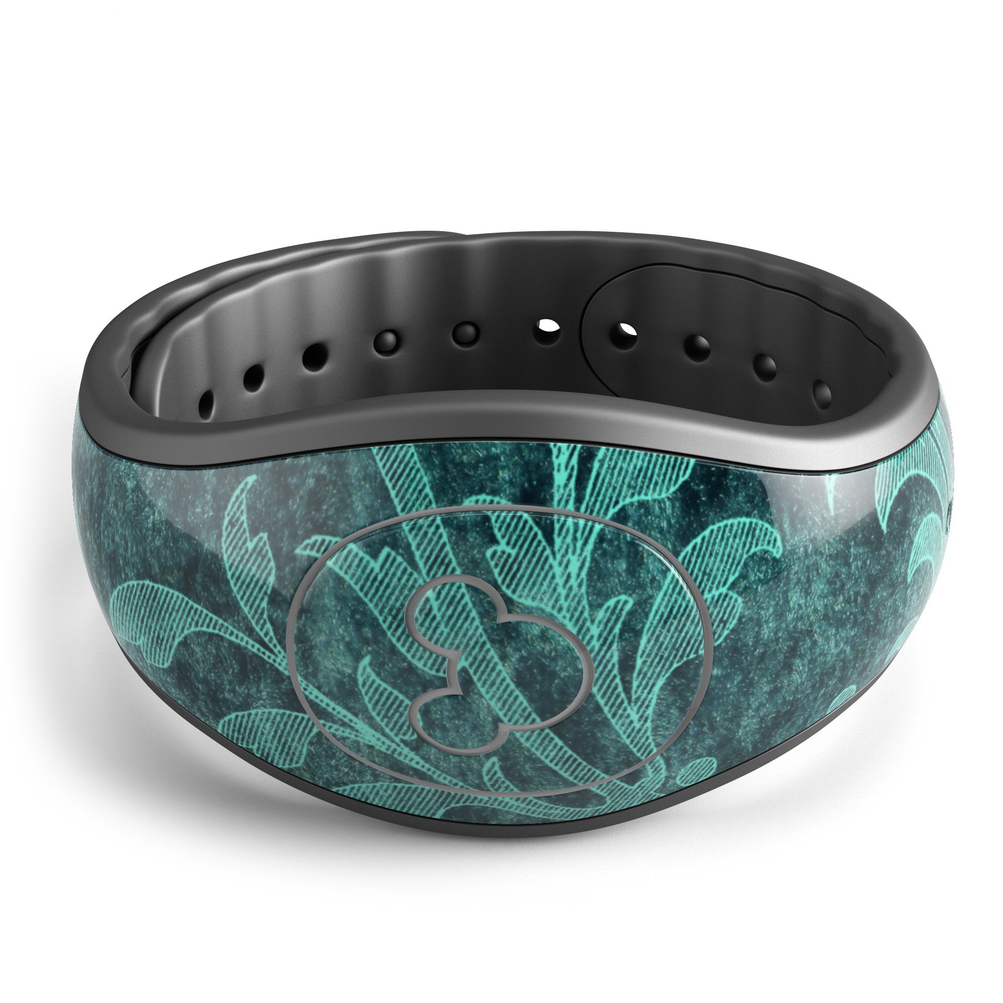 Green and teal floral velvet decal skin wrap kit for Disney Magic Band, showcasing vibrant colors and intricate floral patterns.