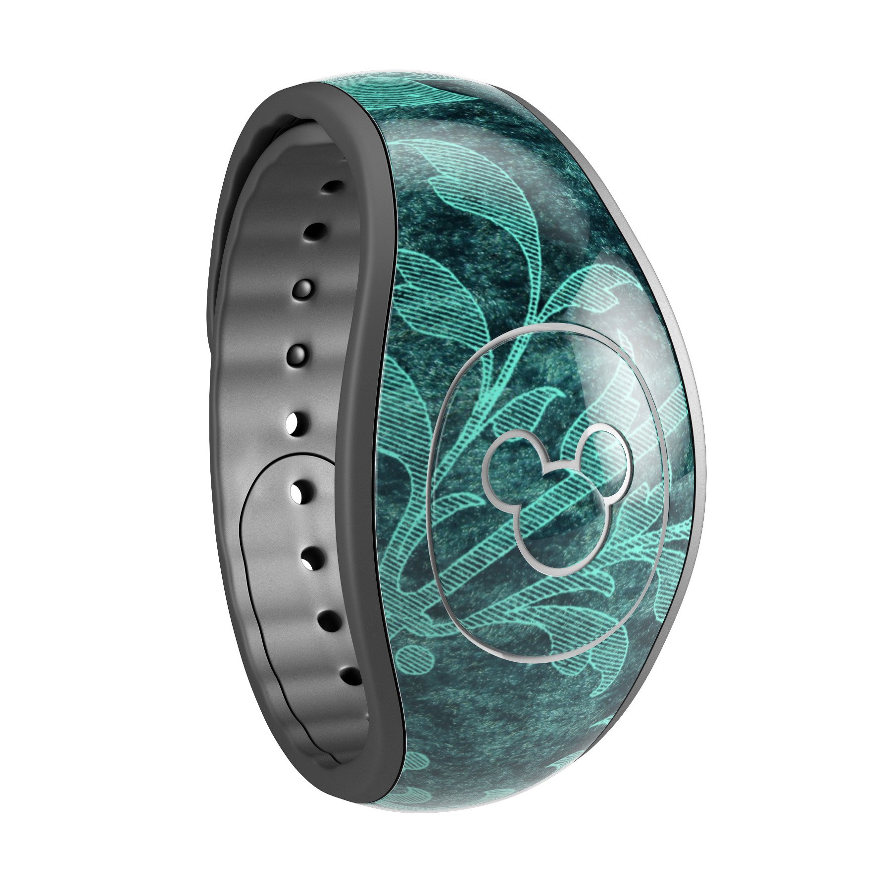 Green and teal floral velvet decal skin wrap kit for Disney Magic Band, showcasing vibrant colors and intricate floral patterns.