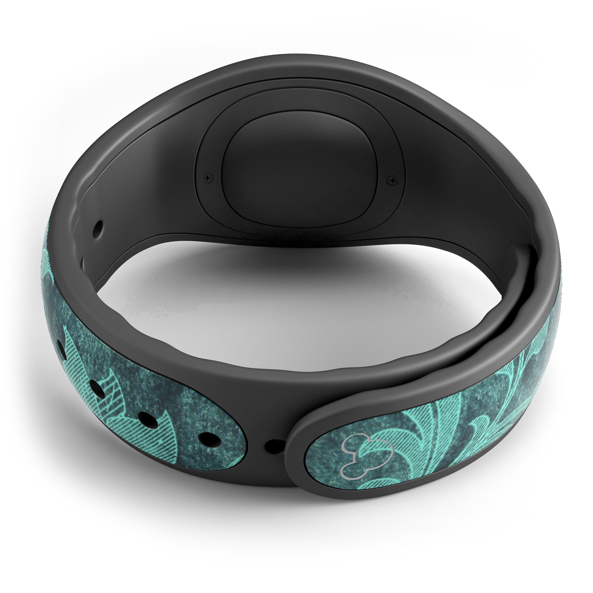 Green and teal floral velvet decal skin wrap kit for Disney Magic Band, showcasing vibrant colors and intricate floral patterns.